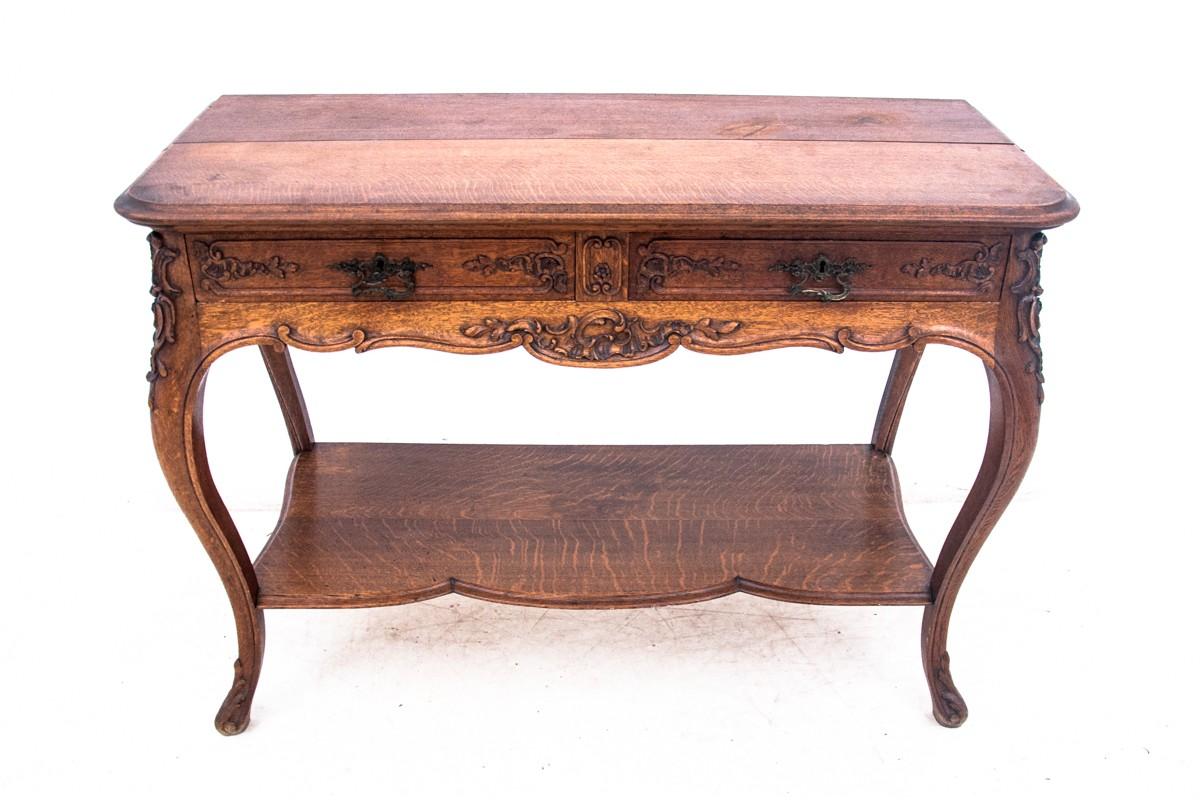 Side table / console, France, circa 1910.
With 2 drawers
Very good condition, oak wood.

dimensions: height 95 cm, length 130 cm, depth 55 cm.