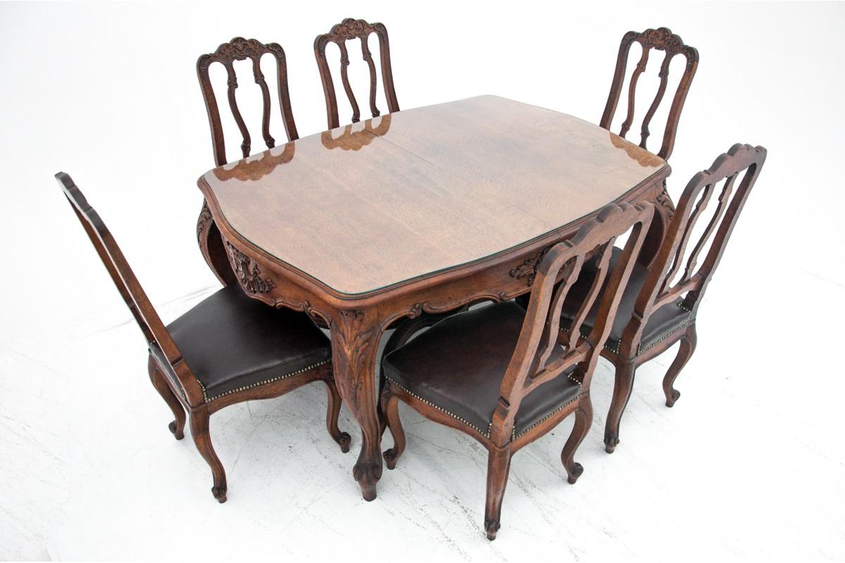 Oak Antique Dining Set with Six Chairs, France, 1890s For Sale 3