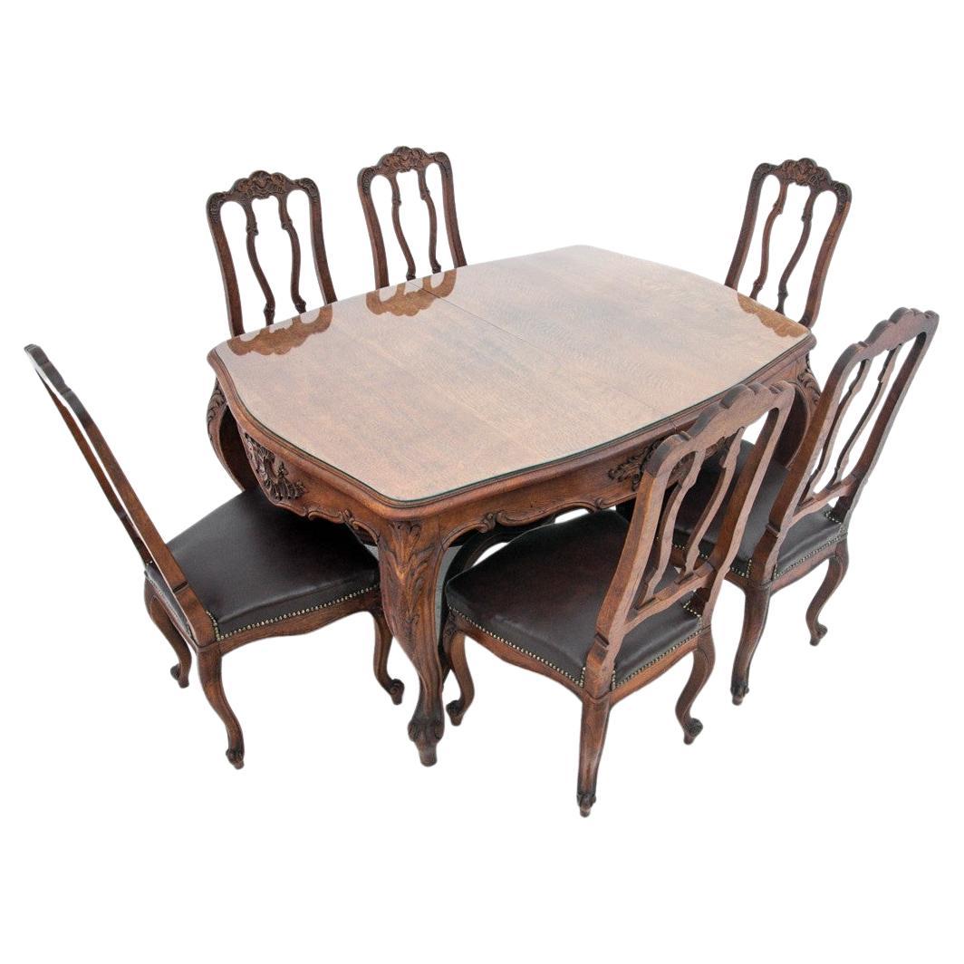Oak Antique Dining Set with Six Chairs, France, 1890s For Sale
