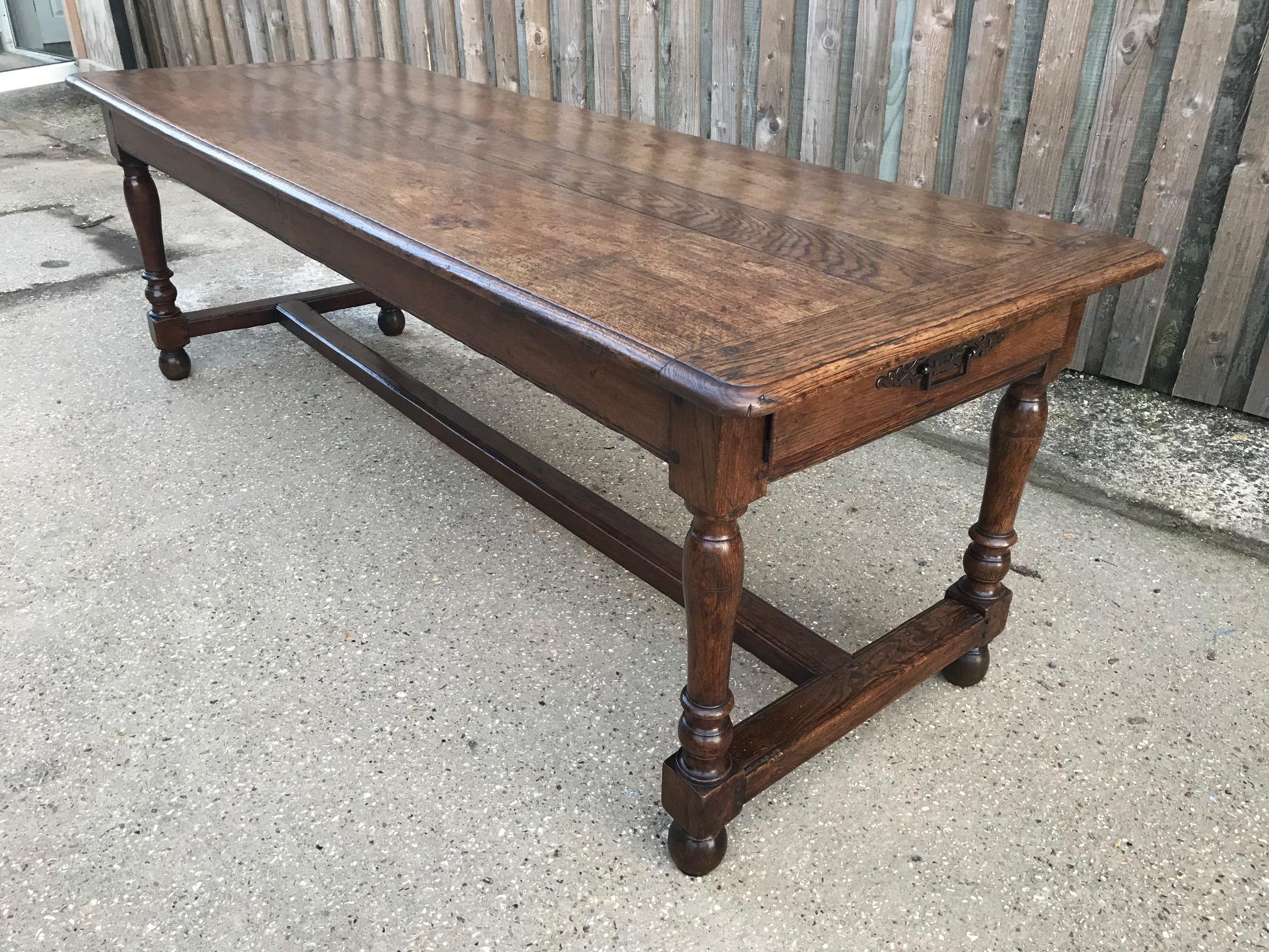 French Oak Antique Dining Table with Two Drawers