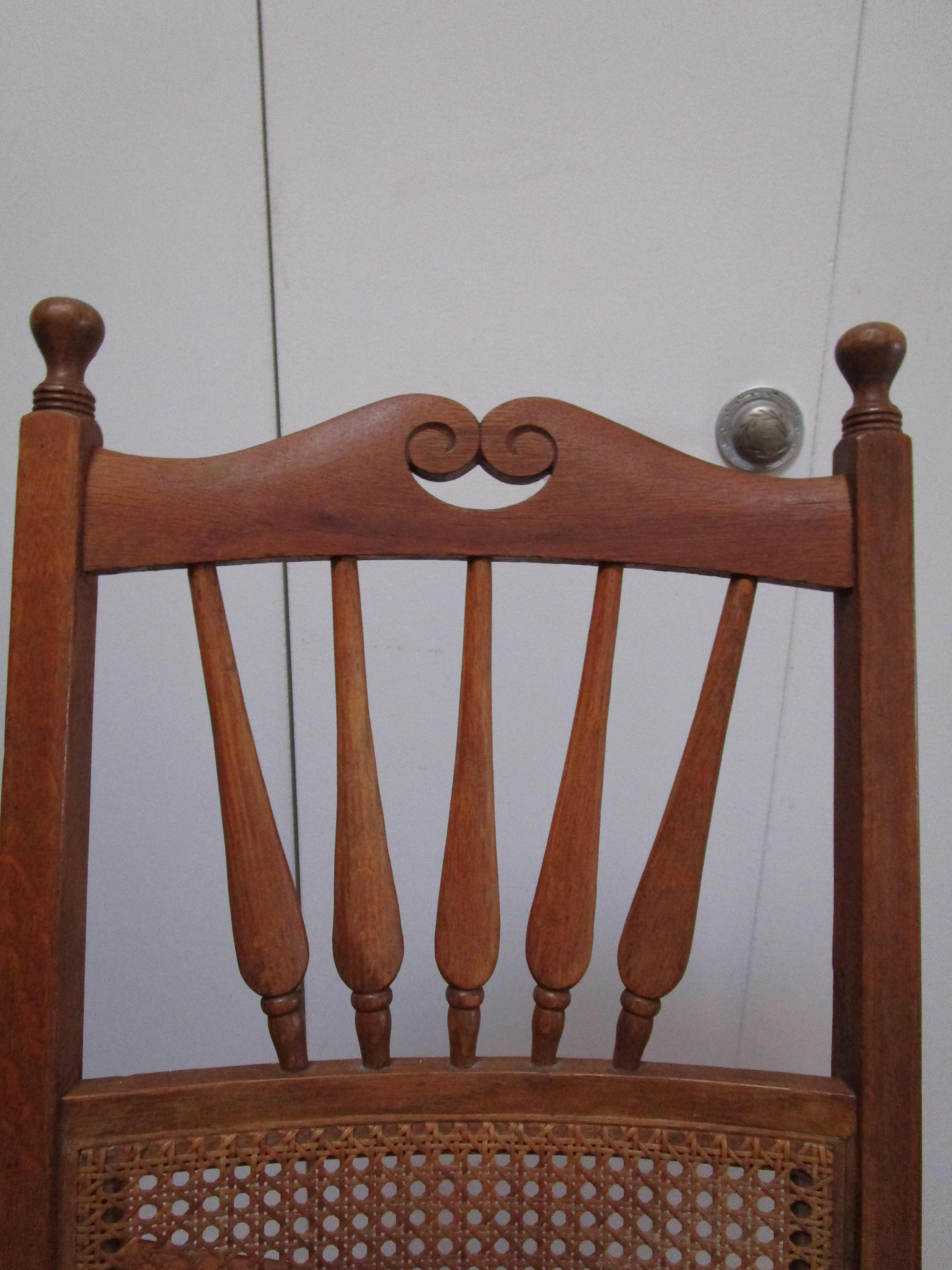 Oak Antique Rocking Chair with Clavos and Leather Seat and Cane Back For Sale 1