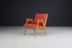 Oak Armchair with Red Upholstery, France, 1950s