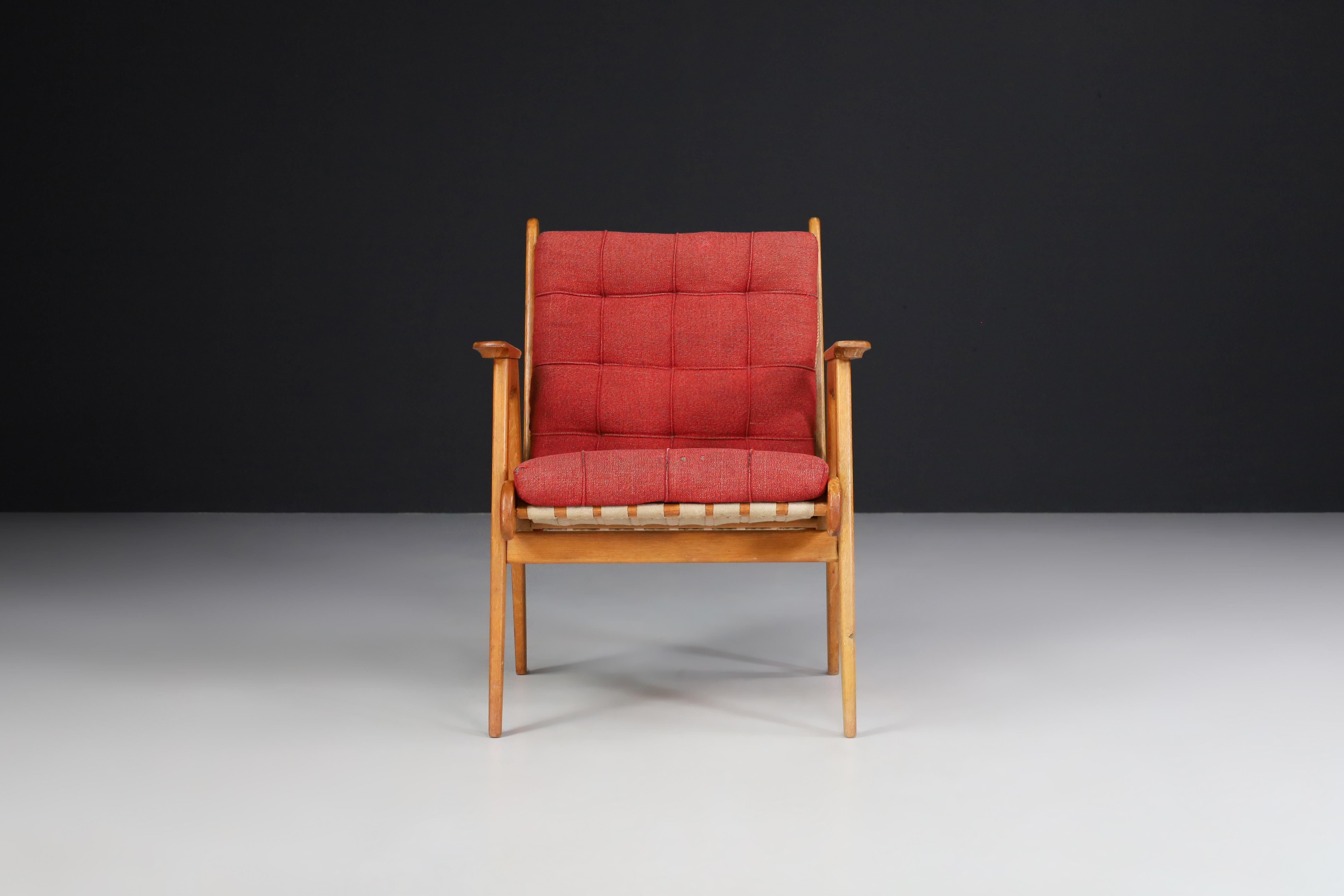 Mid-Century Modern Oak Armchair with Red Upholstery, France, 1950s For Sale