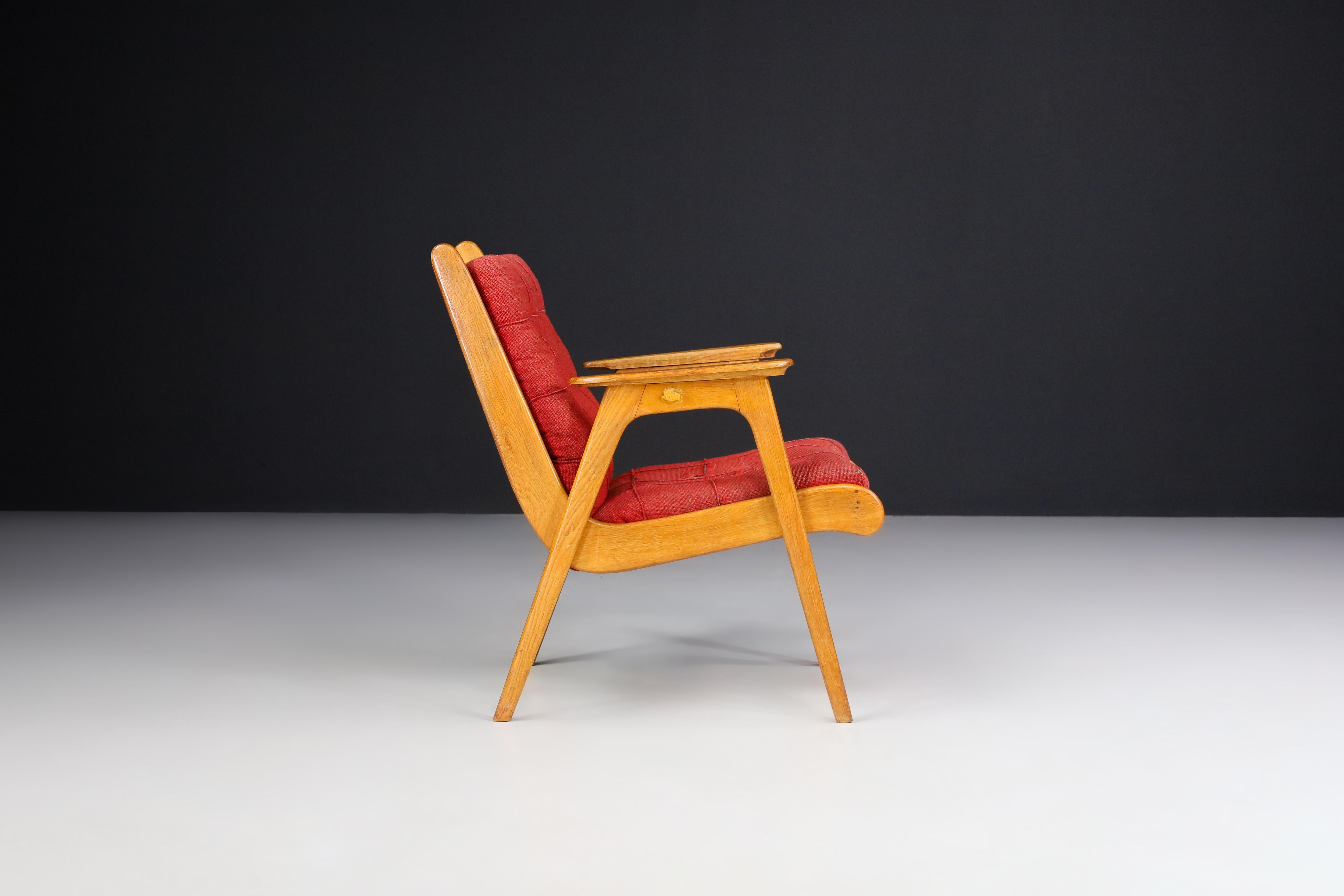 French Oak Armchair with Red Upholstery, France, 1950s For Sale