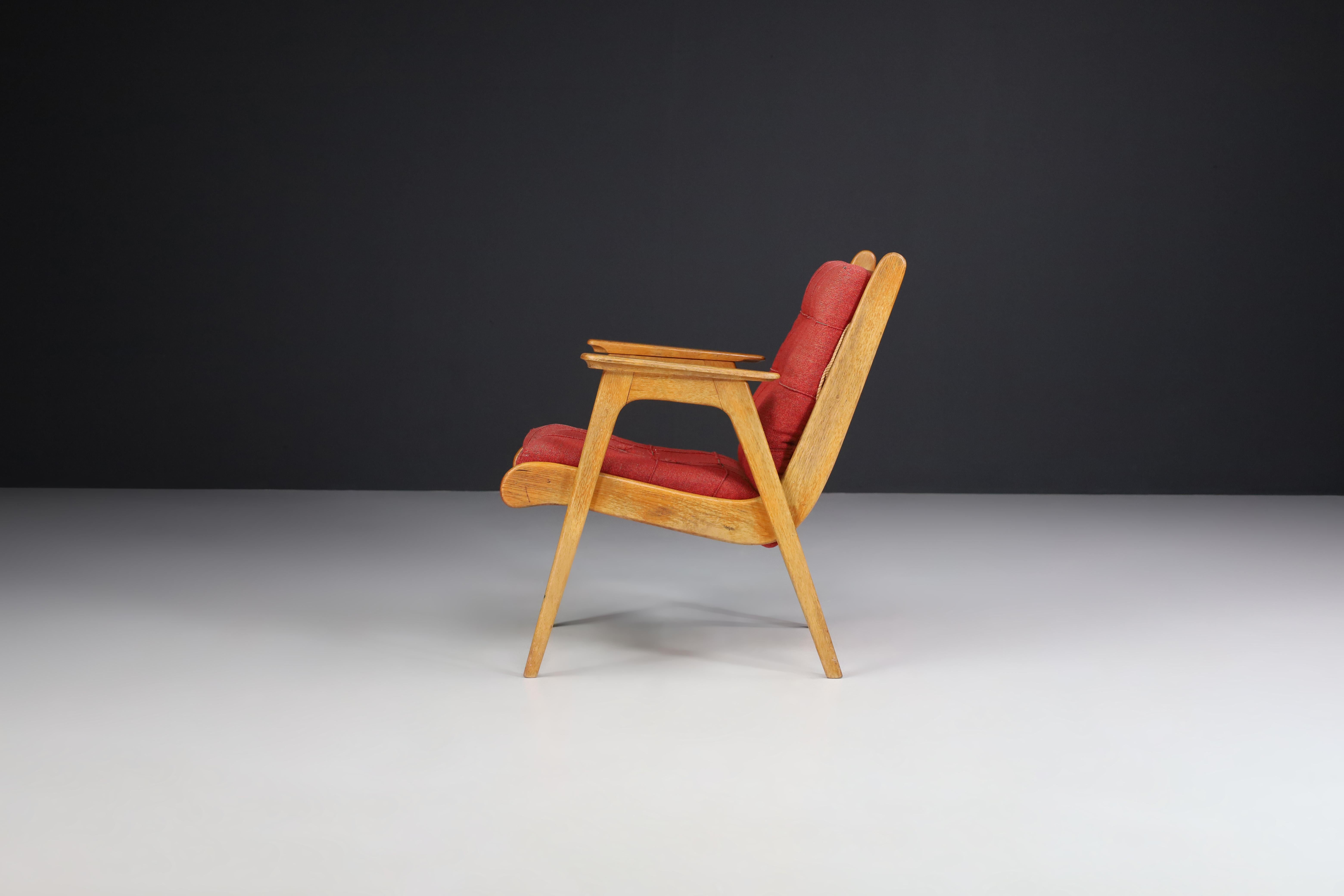 20th Century Oak Armchair with Red Upholstery, France, 1950s For Sale