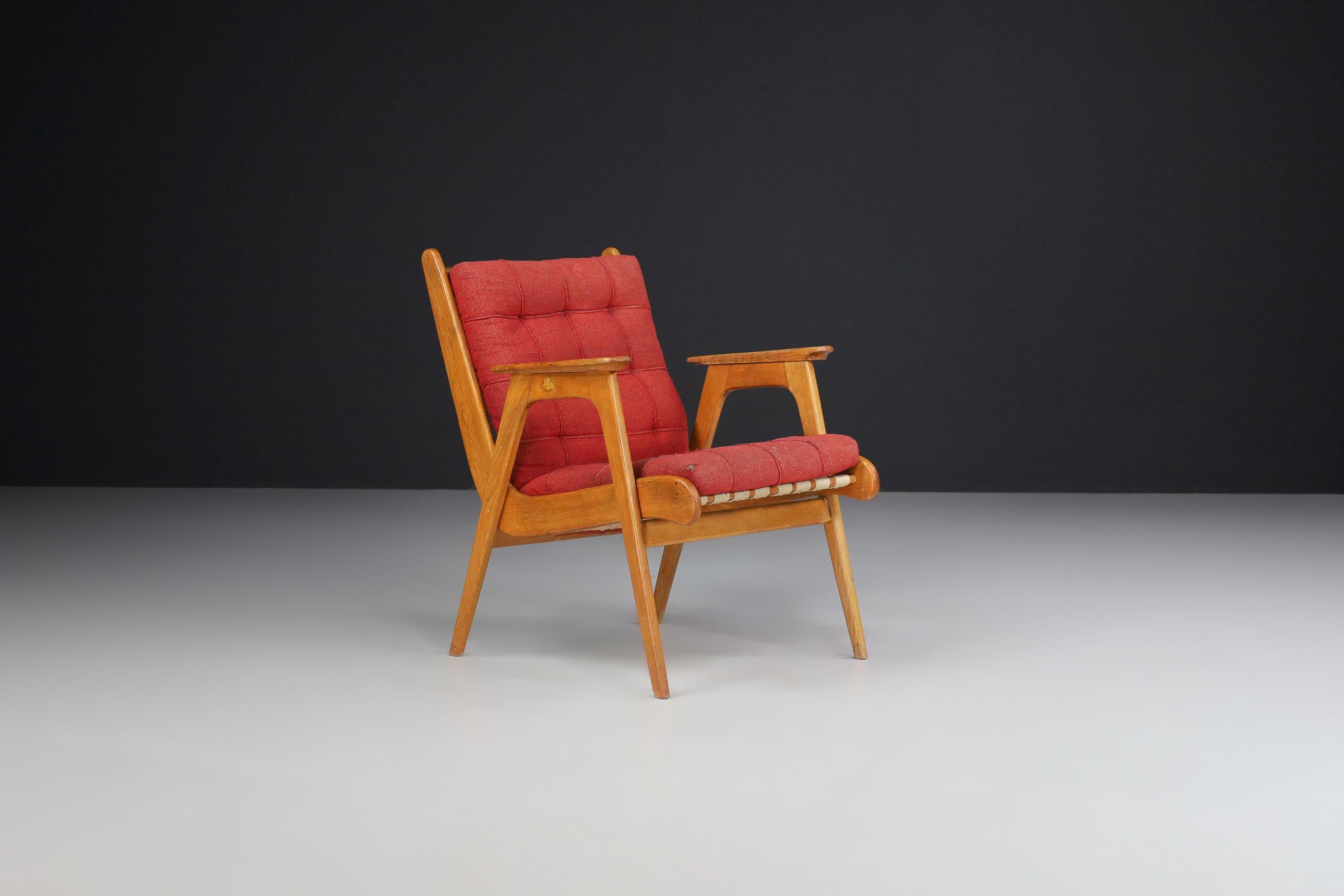 Fabric Oak Armchair with Red Upholstery, France, 1950s For Sale