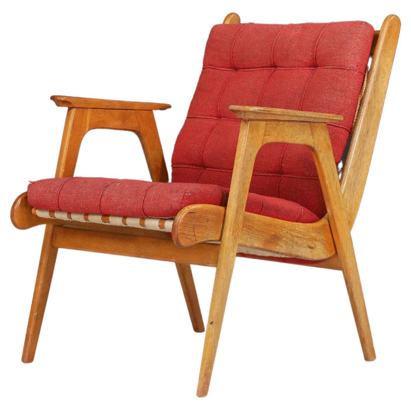 Oak Armchair with Red Upholstery, France, 1950s For Sale