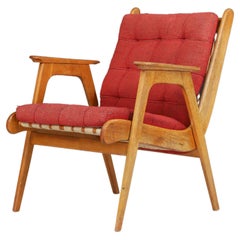 Oak Armchair with Red Upholstery, France, 1950s