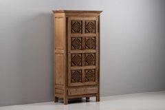 Oak Armoire Carved with Eight Rosette Medallions, France, 1950s