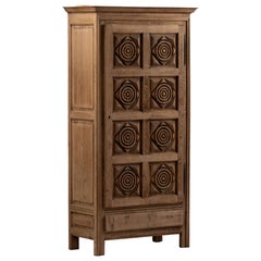 Oak Armoire Carved with Eight Rosette Medallions, France, 1950s