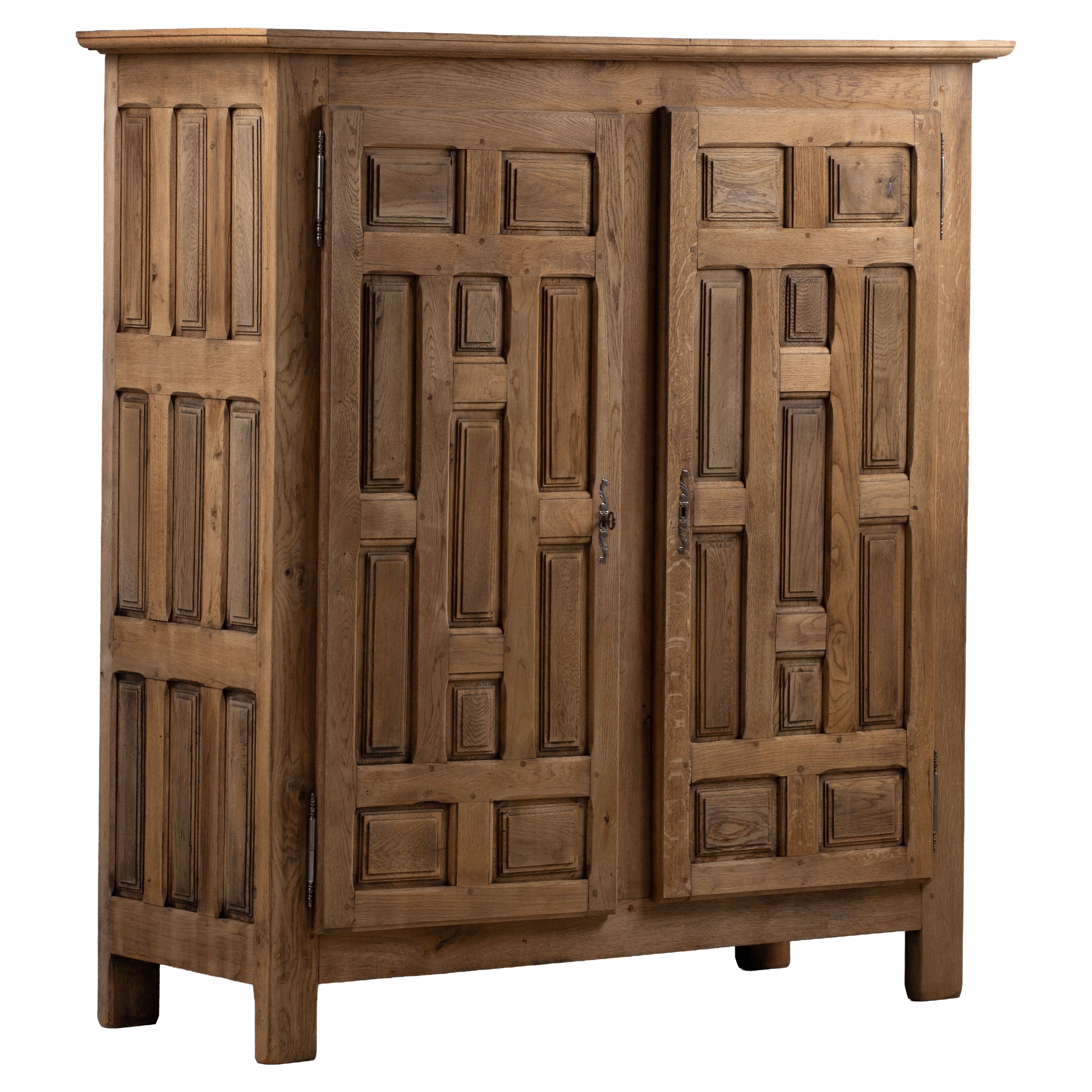 Oak Armoire with Geometric Panel Doors, France, 1940s For Sale