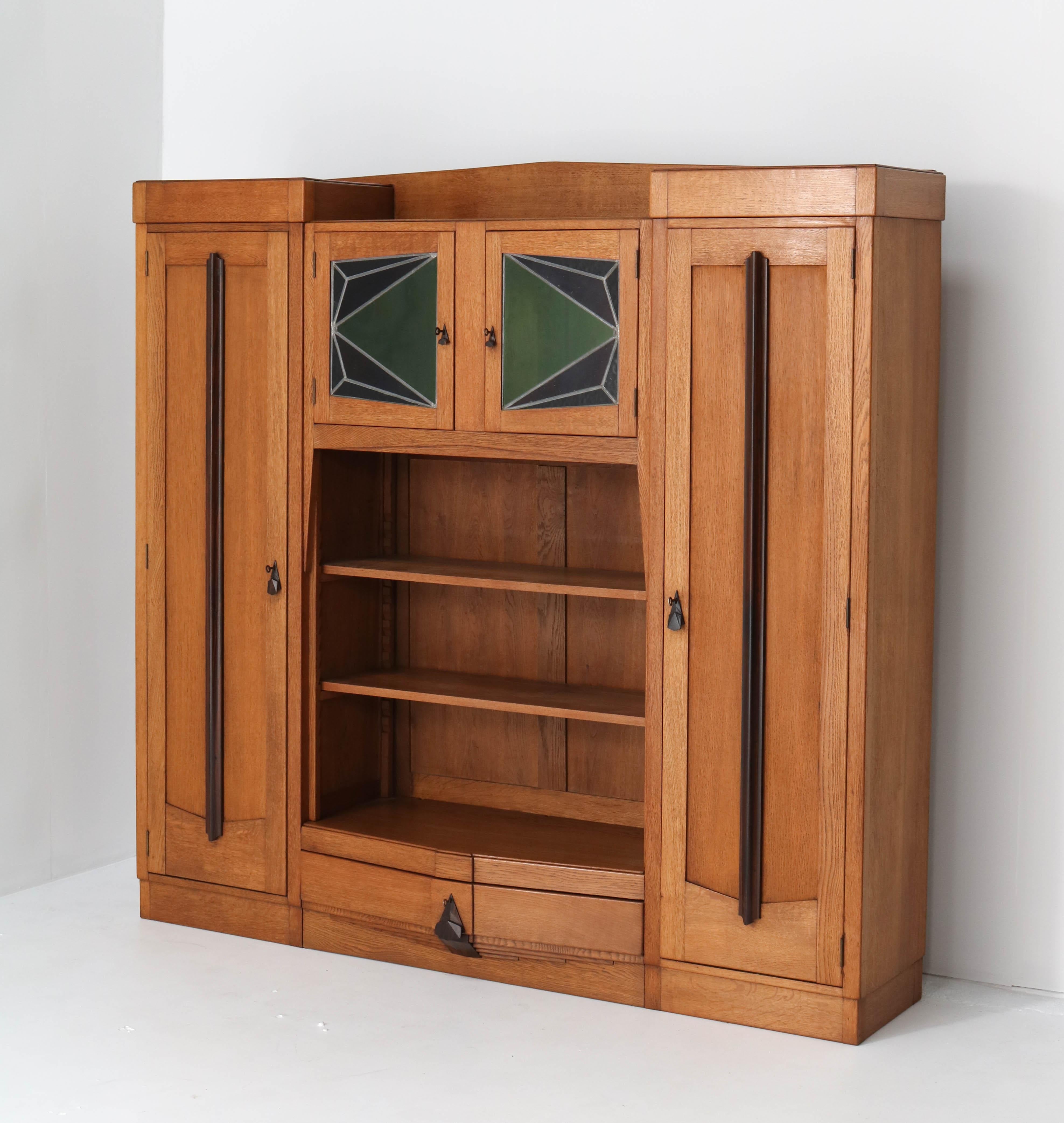Dutch Oak Art Deco Amsterdam School Bookcase with Stained Glass, 1920s