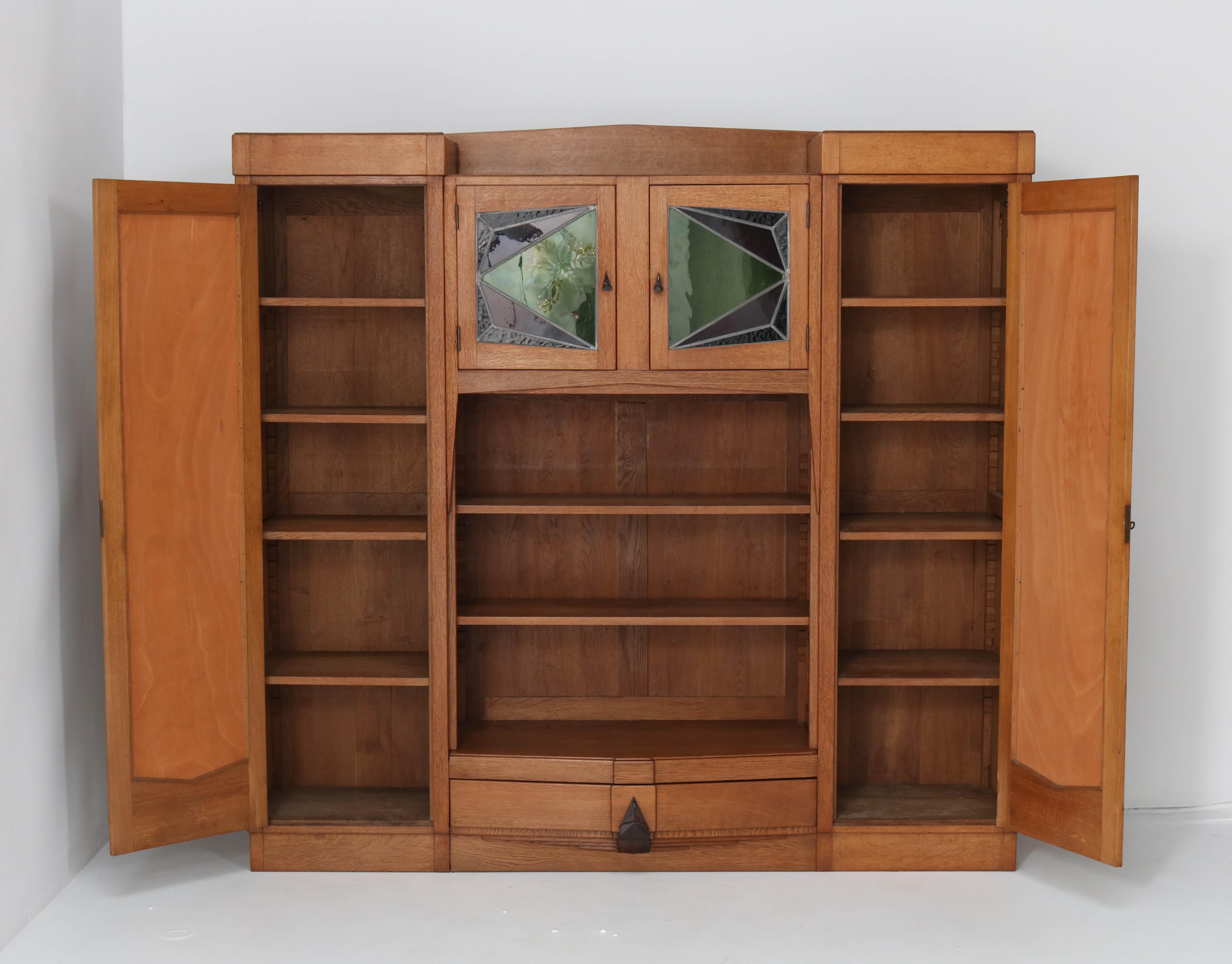 Early 20th Century Oak Art Deco Amsterdam School Bookcase with Stained Glass, 1920s