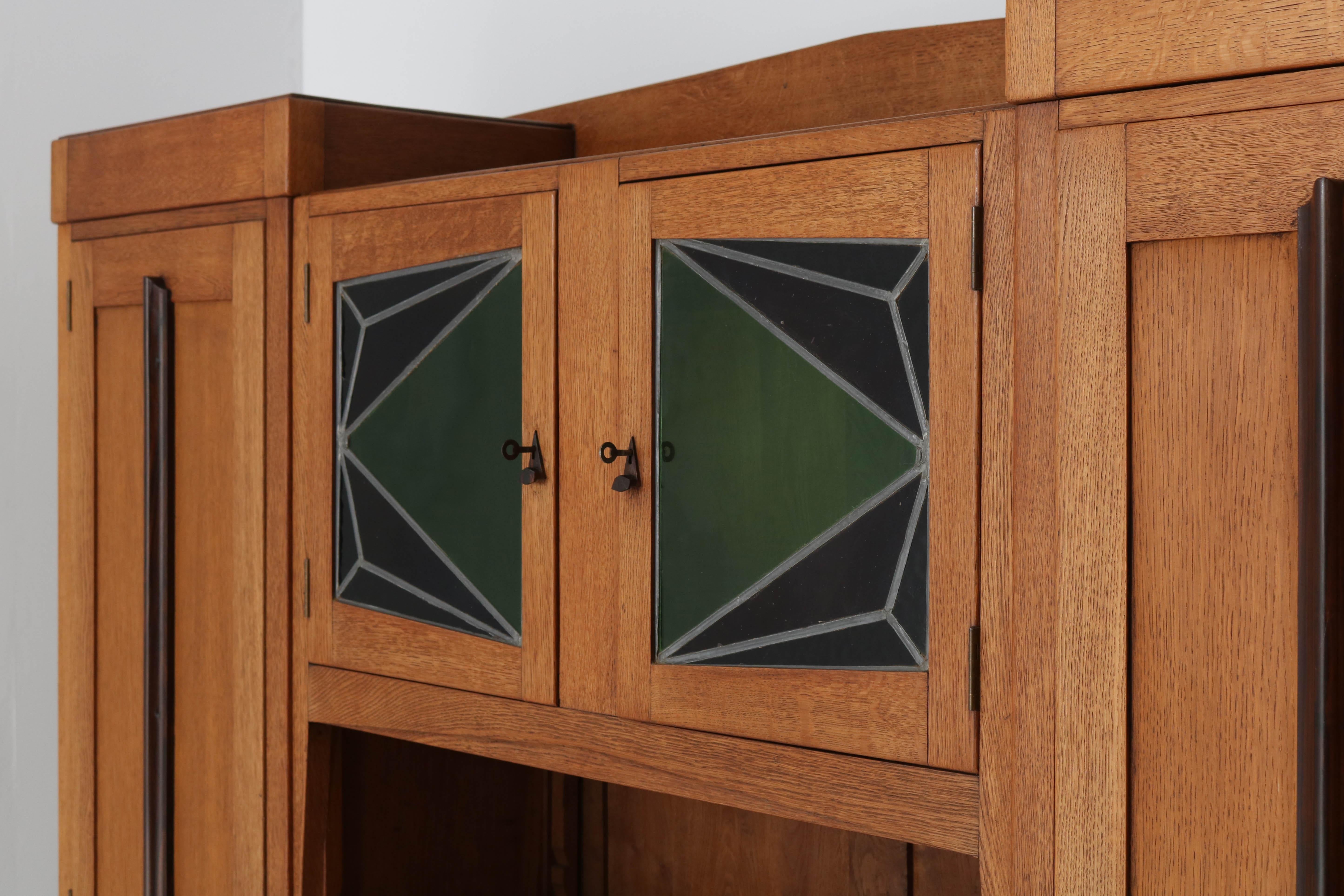 Oak Art Deco Amsterdam School Bookcase with Stained Glass, 1920s 5