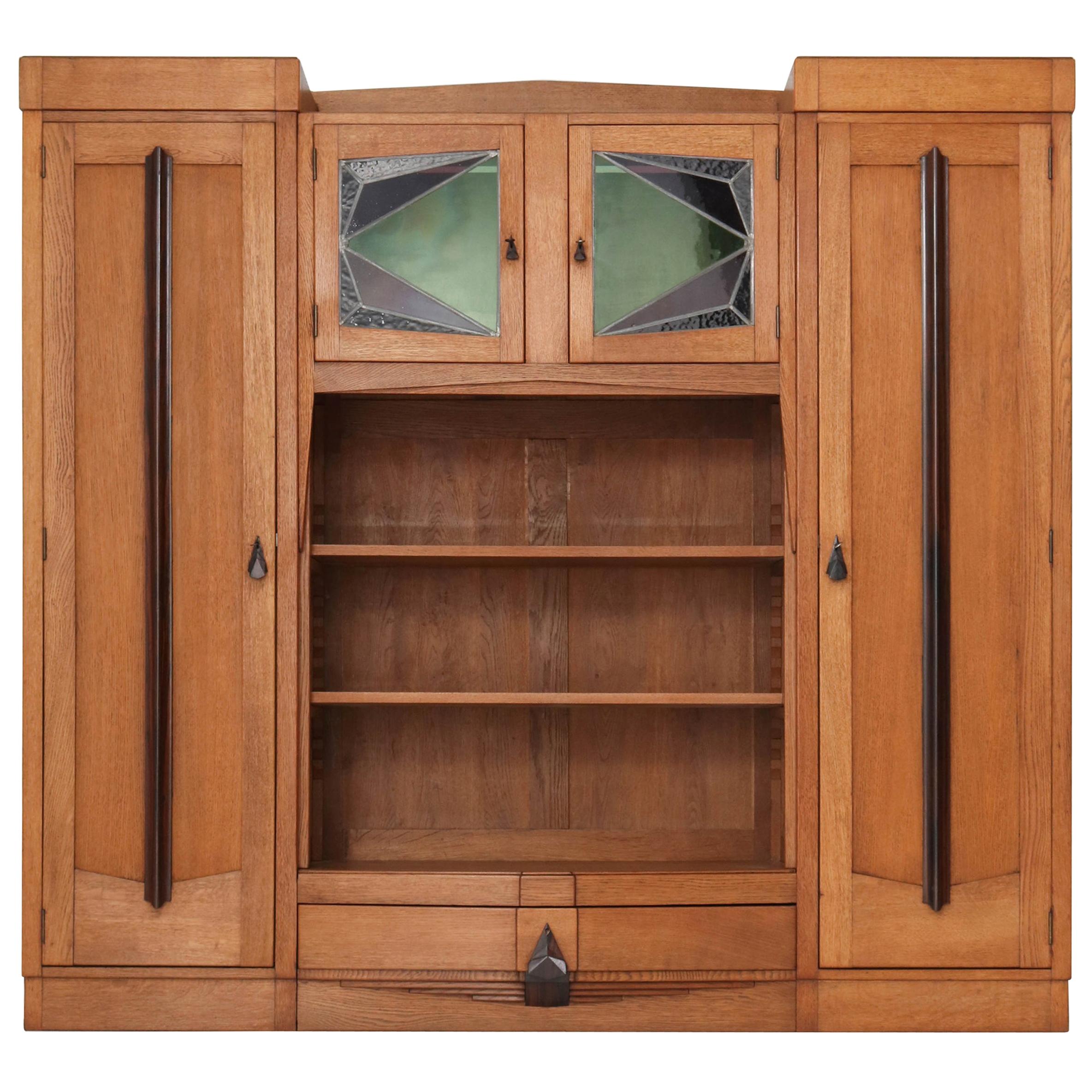 Oak Art Deco Amsterdam School Bookcase with Stained Glass, 1920s