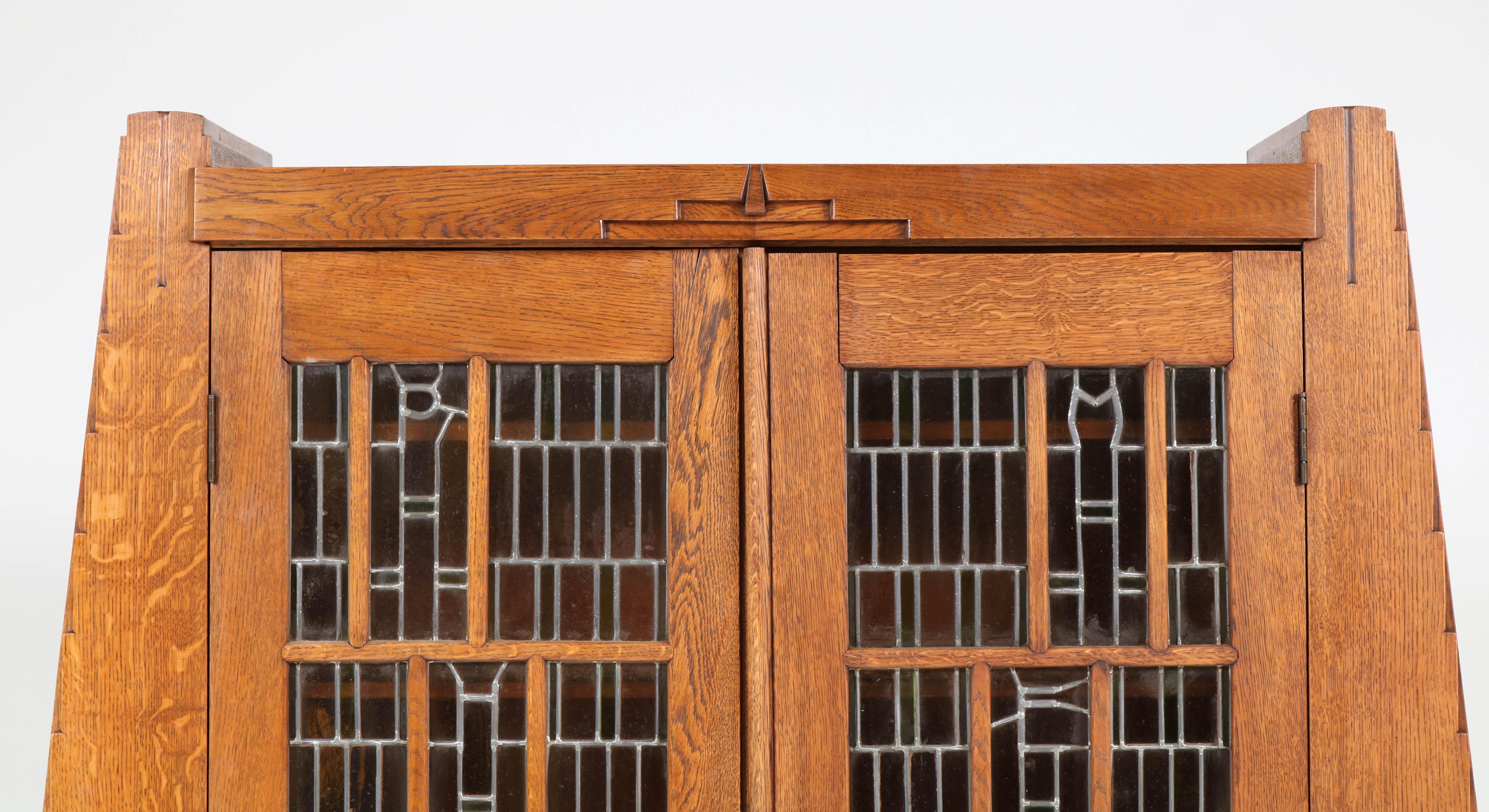 Oak Art Deco Amsterdam School Bookcase with Stained Glass by Hildo Krop, 1918 8