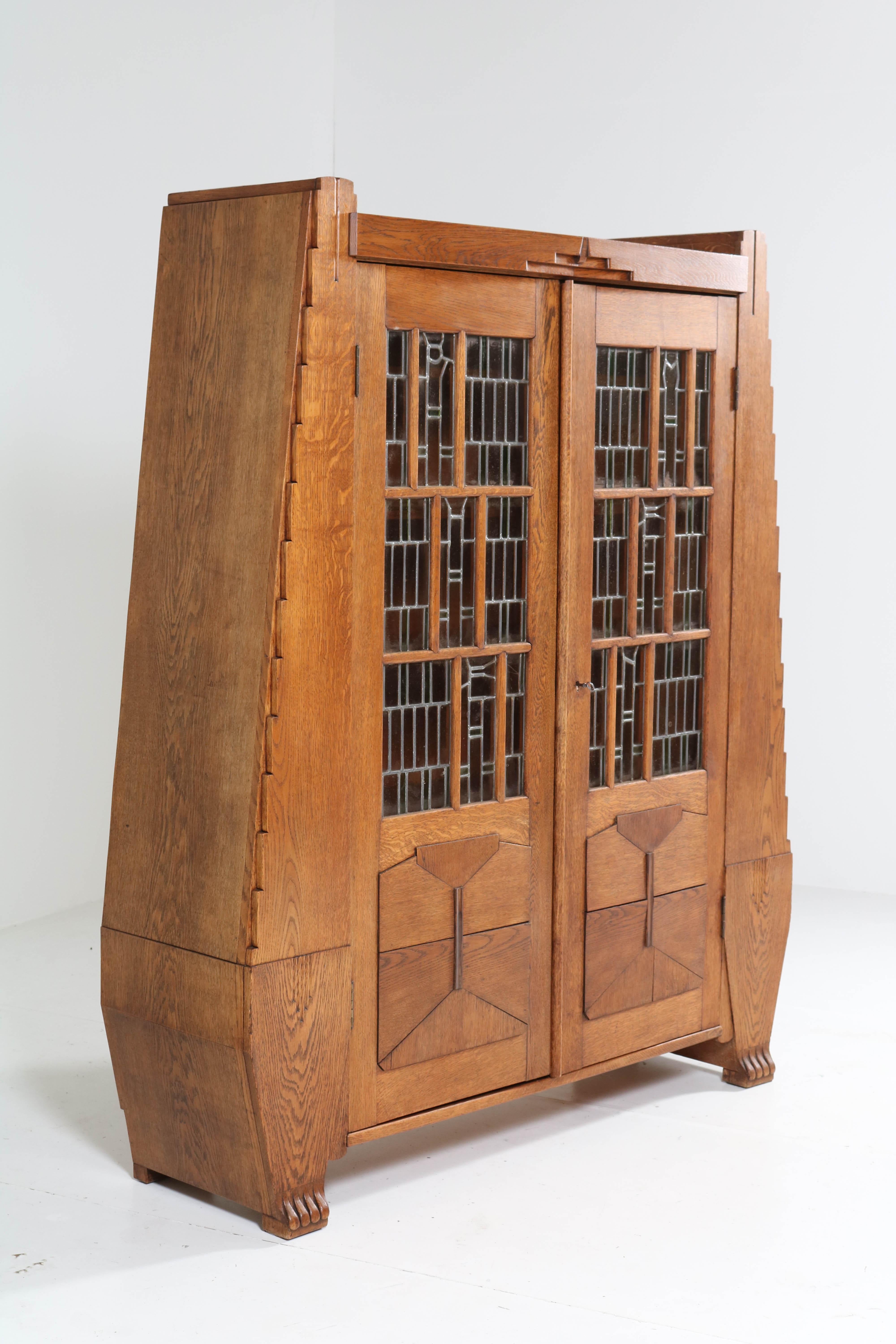 Oak Art Deco Amsterdam School Bookcase with Stained Glass by Hildo Krop, 1918 12