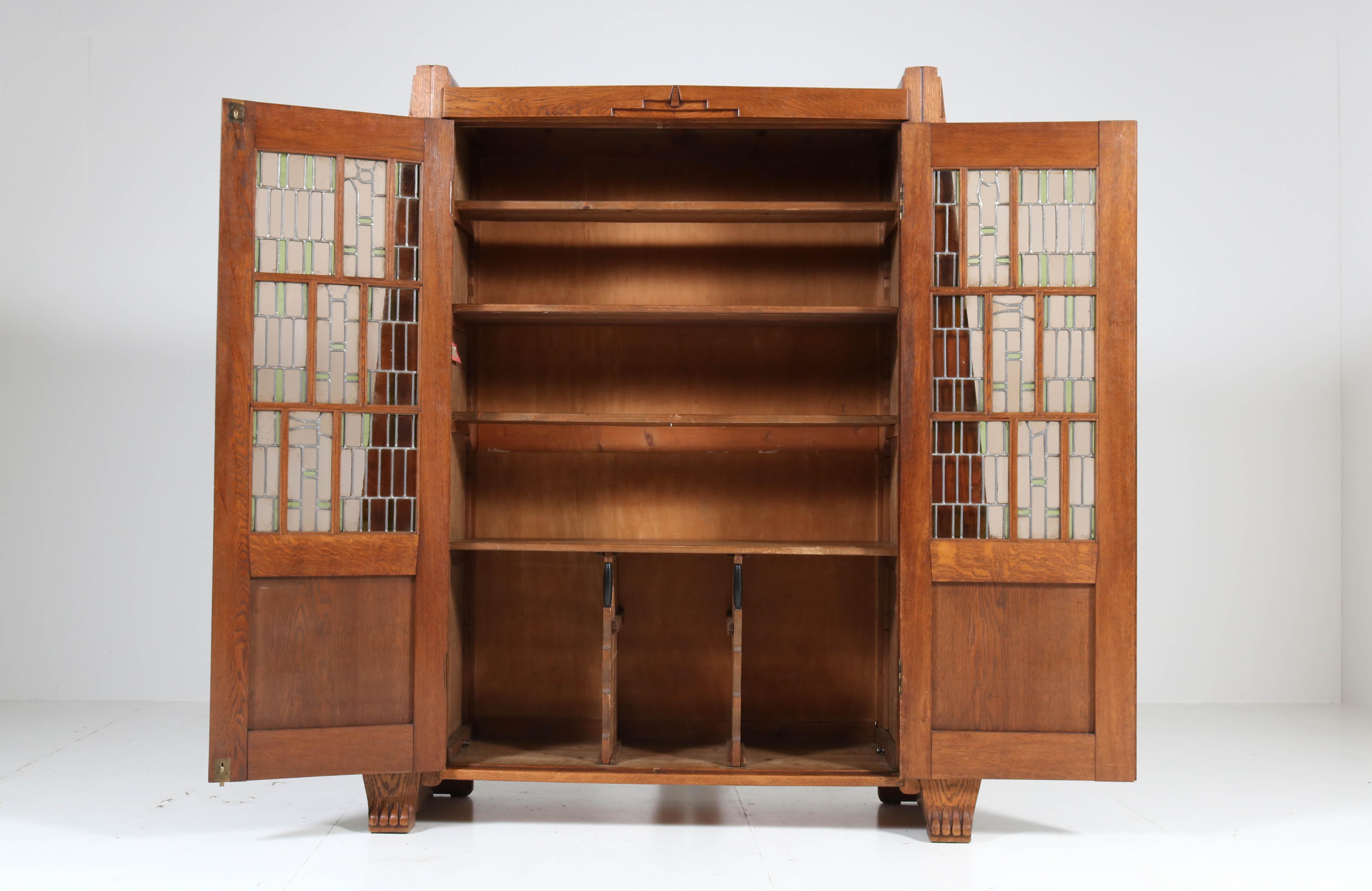 Oak Art Deco Amsterdam School Bookcase with Stained Glass by Hildo Krop, 1918 13
