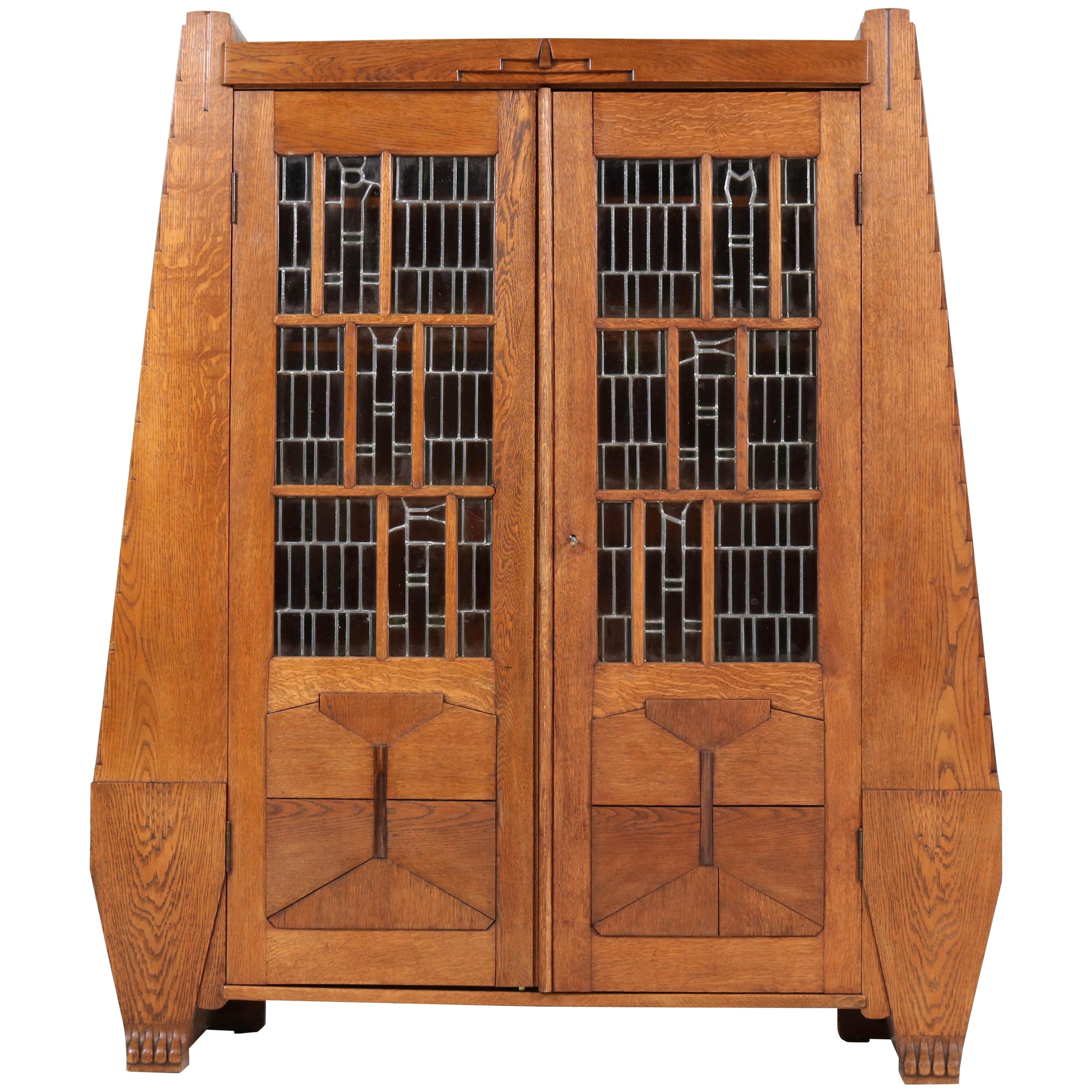 Oak Art Deco Amsterdam School Bookcase with Stained Glass by Hildo Krop, 1918