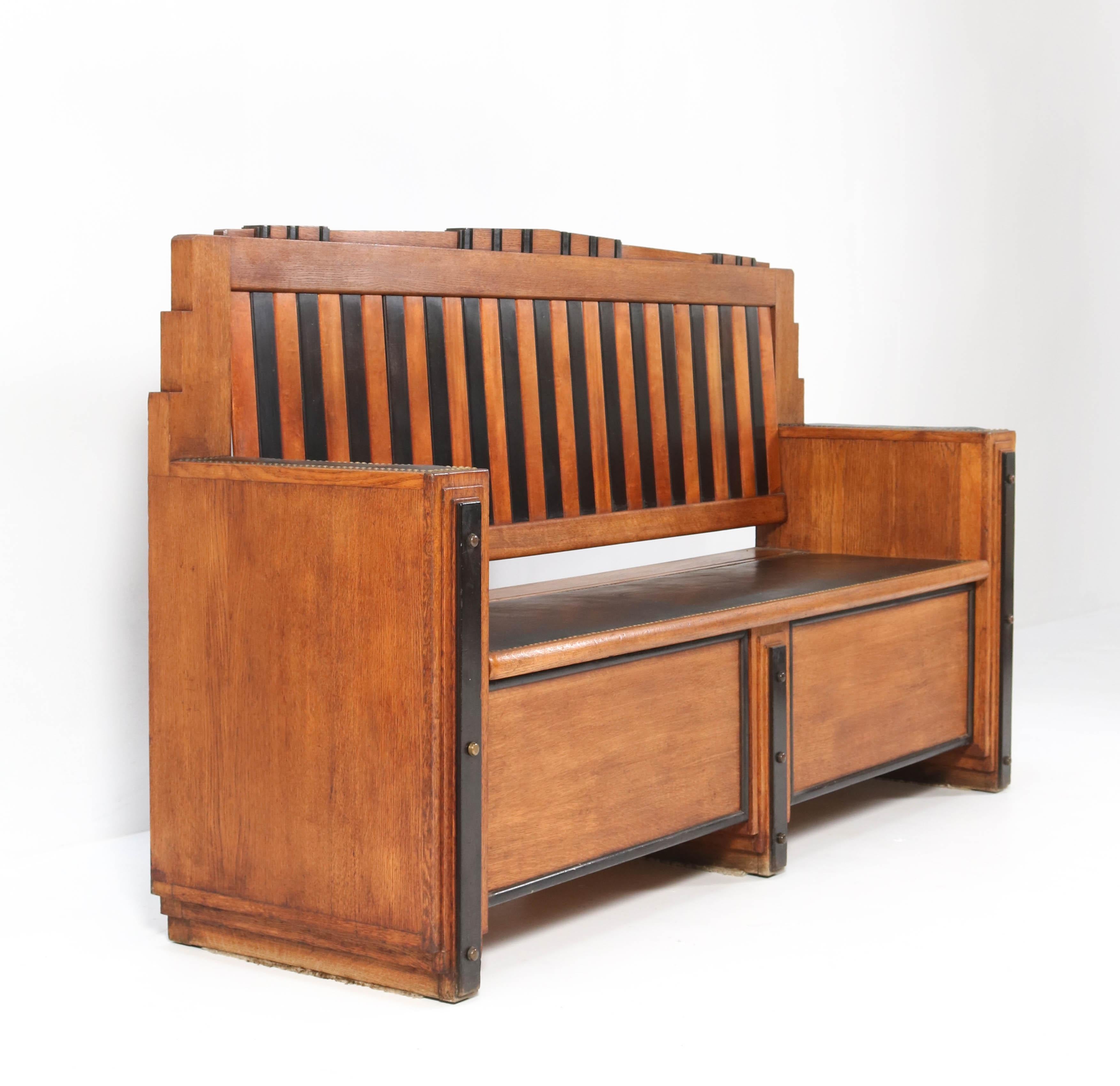 Dutch Oak Art Deco Amsterdam School Hall Bench with Storage, 1920s