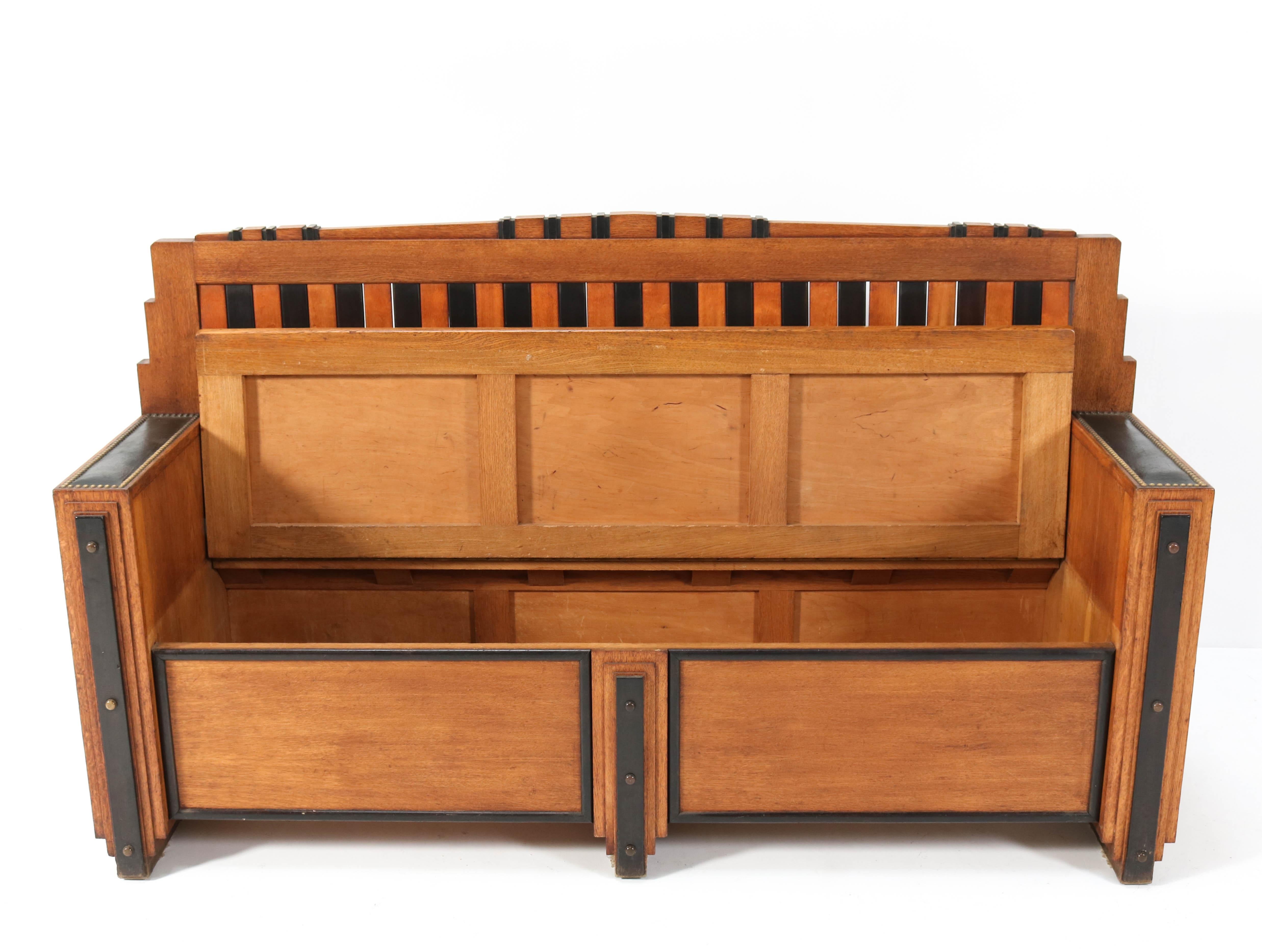 Early 20th Century Oak Art Deco Amsterdam School Hall Bench with Storage, 1920s