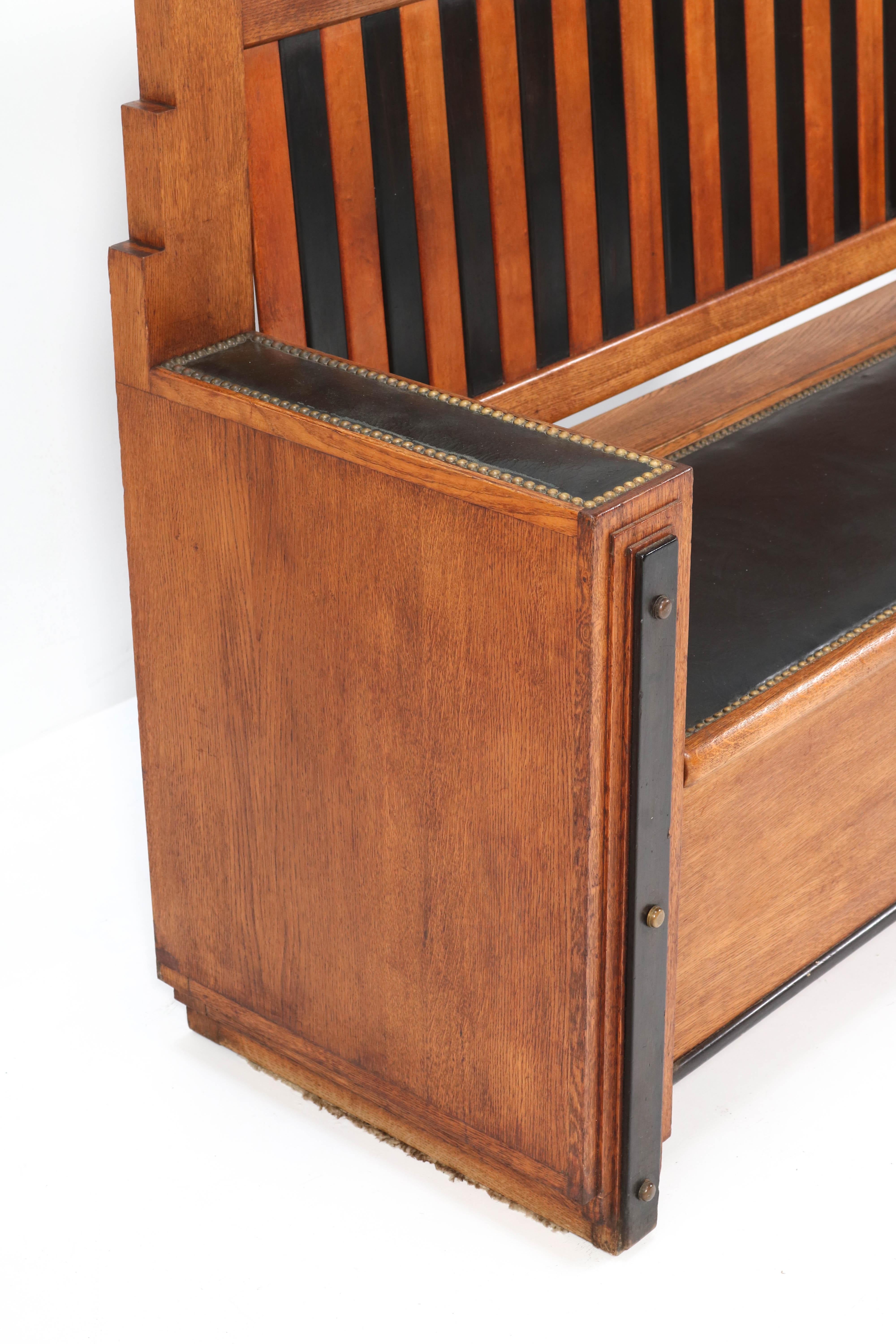Faux Leather Oak Art Deco Amsterdam School Hall Bench with Storage, 1920s
