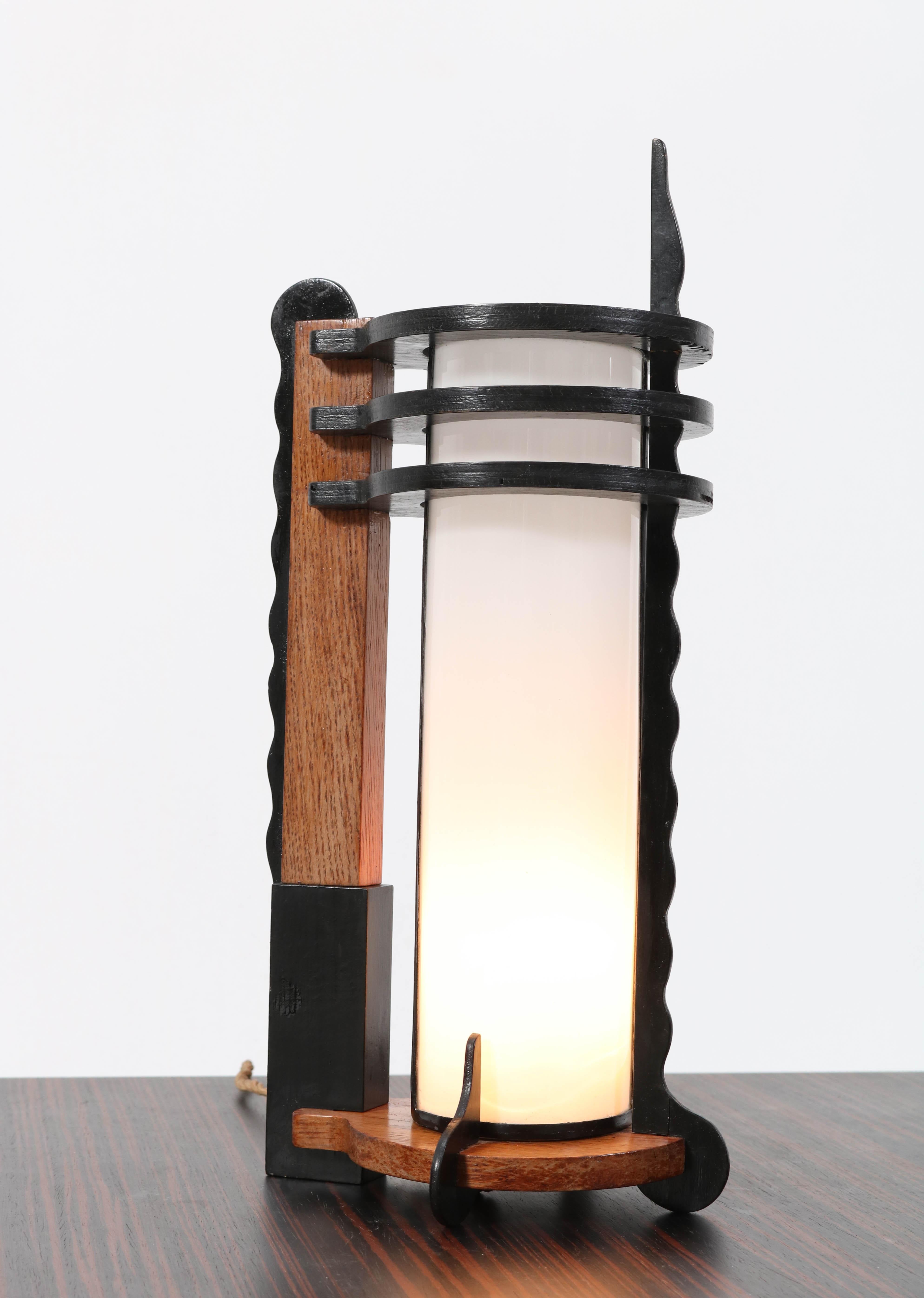 Oak Art Deco Amsterdam School Table Lamp, 1920s 3