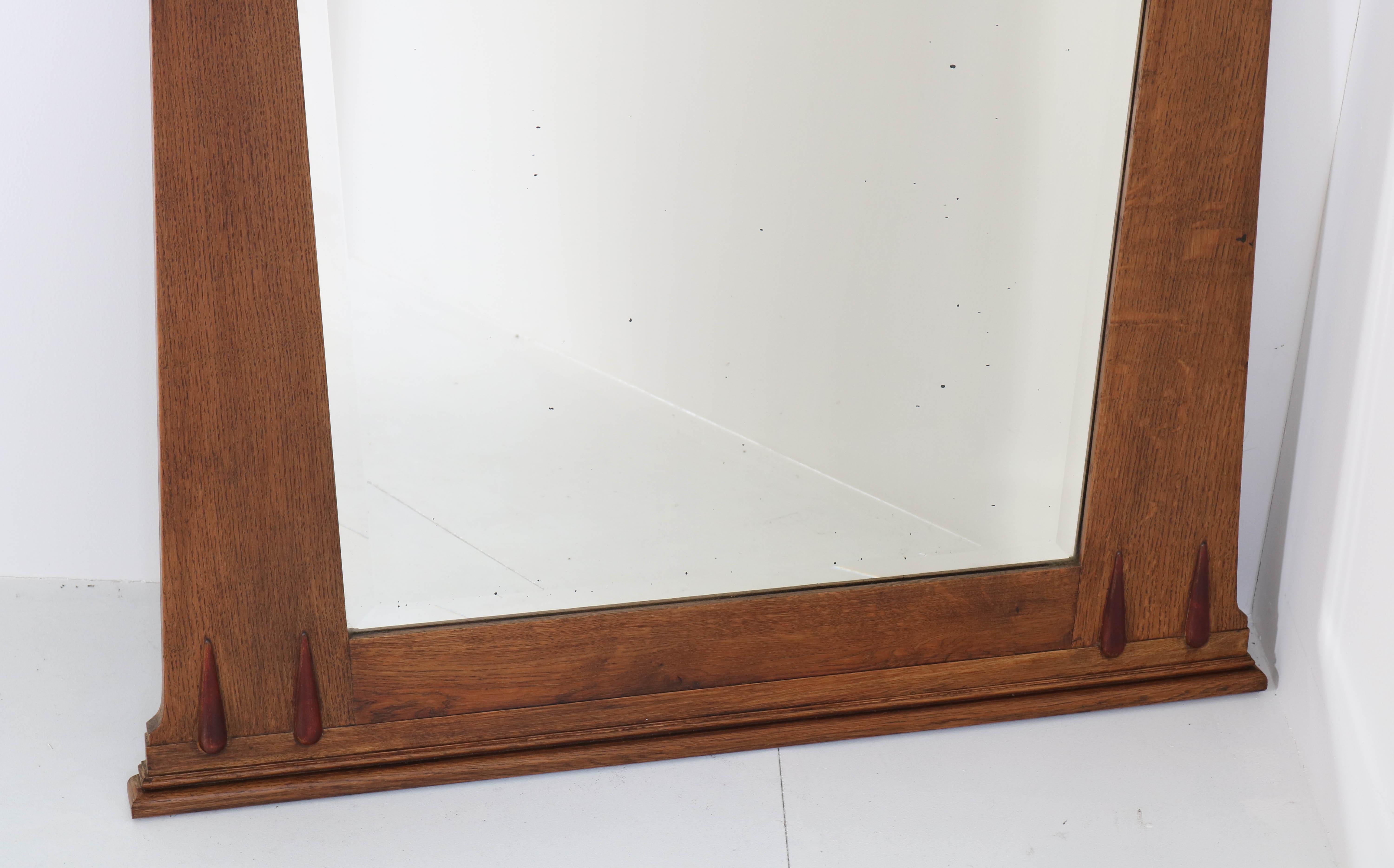 Early 20th Century Oak Art Deco Amsterdam School Wall Mirror with Beveled Glass, 1920s