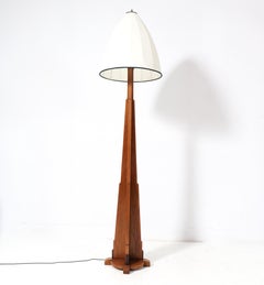 Oak Art Deco Amsterdamse School Floor Lamp with Silk Shade, 1920s