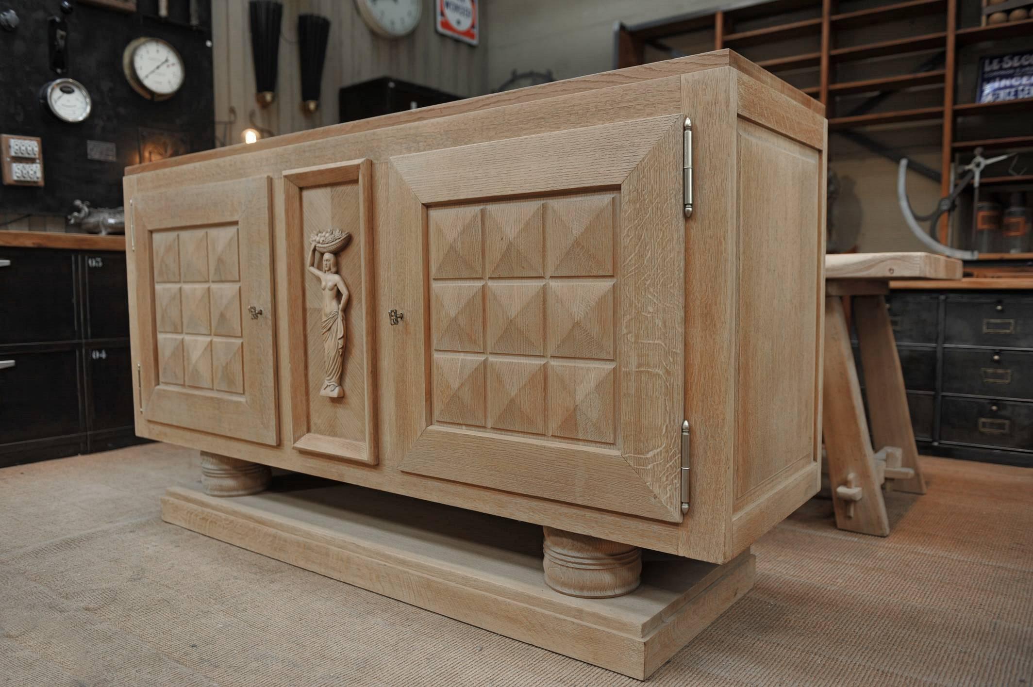 Brass Oak Art Deco Credenza by Gaston Poisson