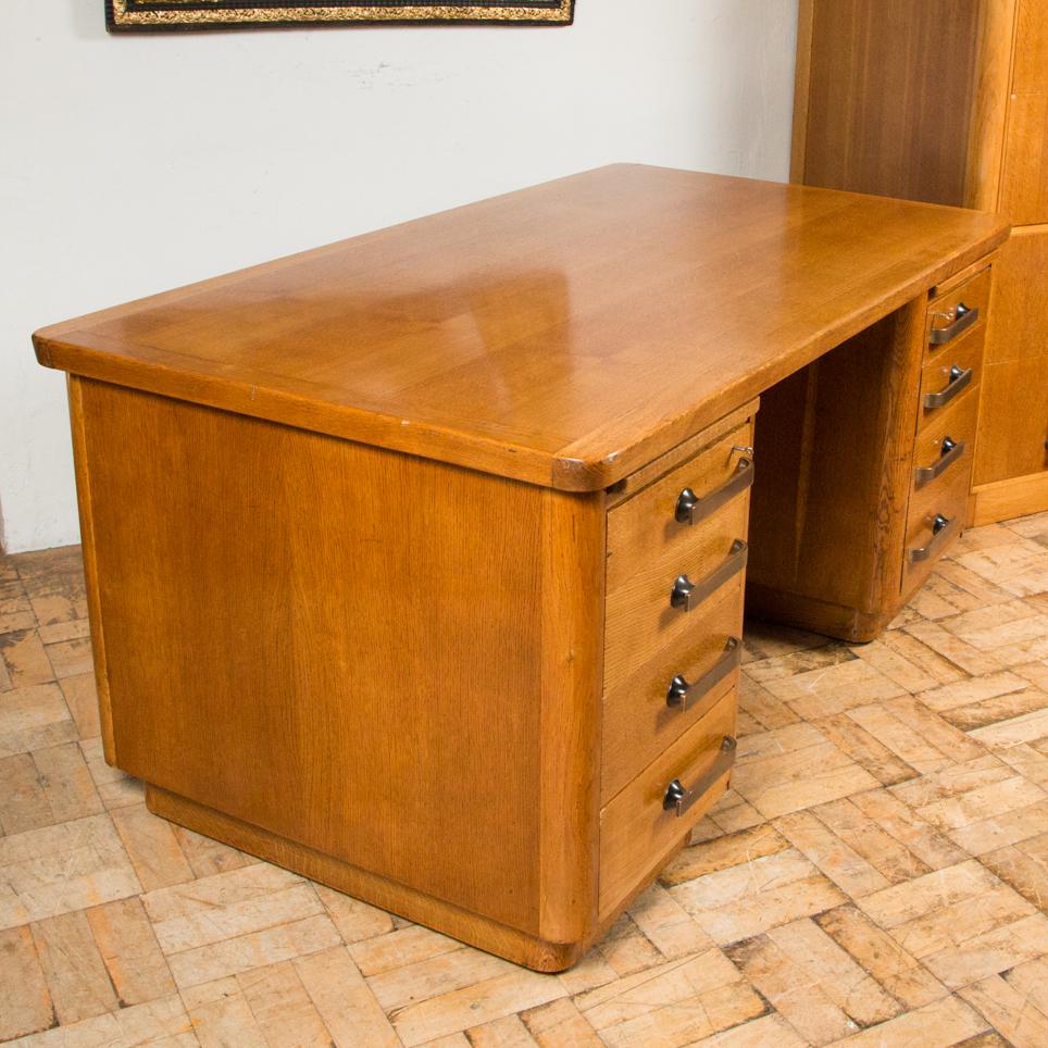 Oak Art Deco Desk with Bronze Handles For Sale 1