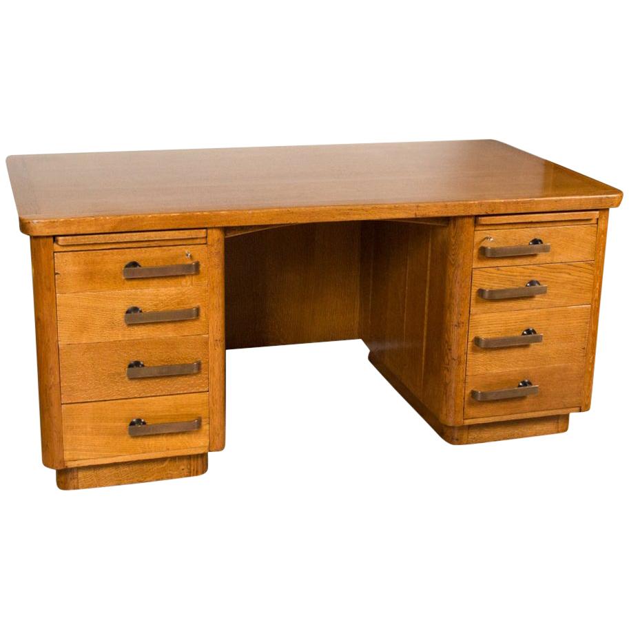 Oak Art Deco Desk with Bronze Handles For Sale