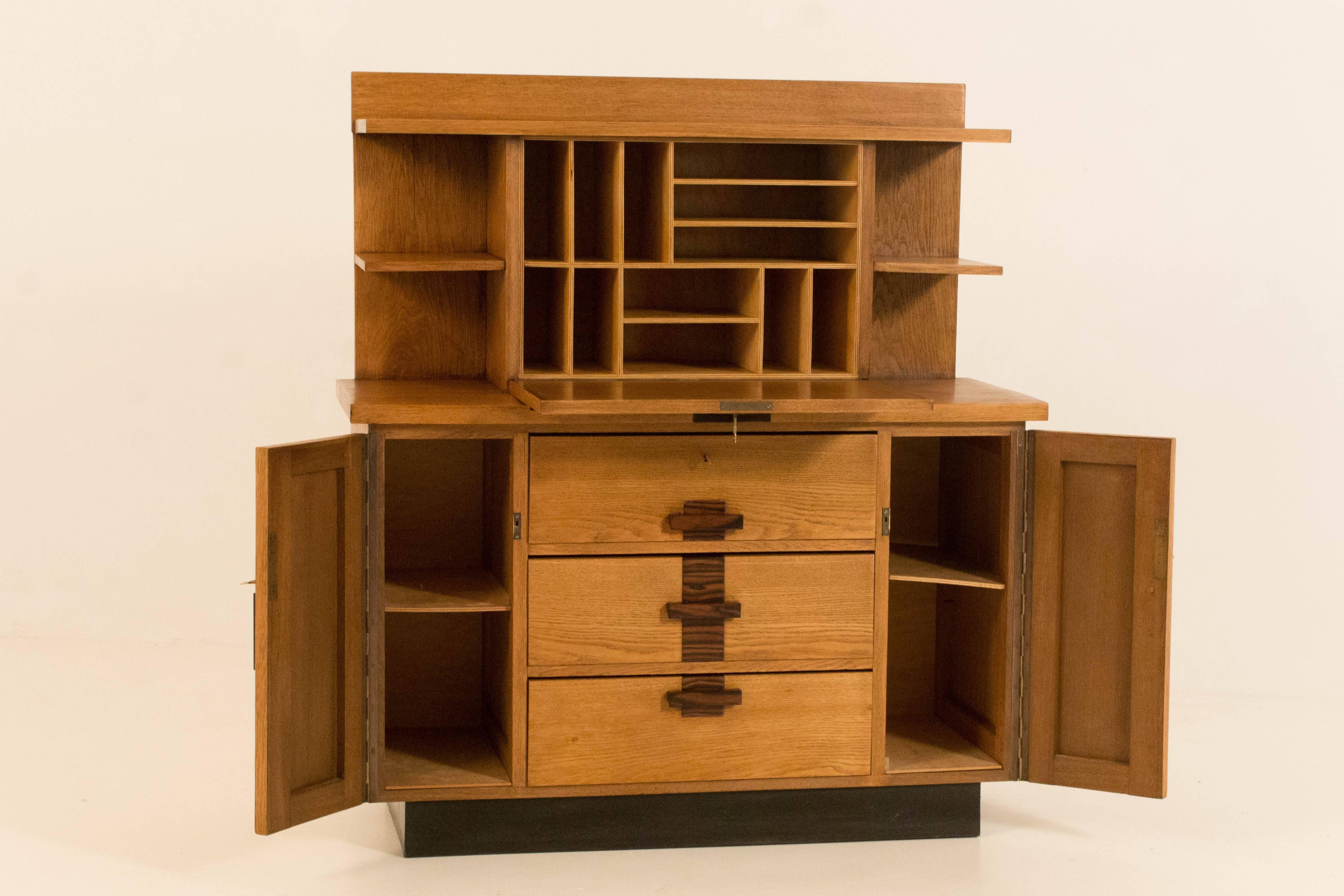 Dutch Oak Art Deco Haagse School Bookcase with Drop-Front Desk by P.E.L.Izeren, 1920s