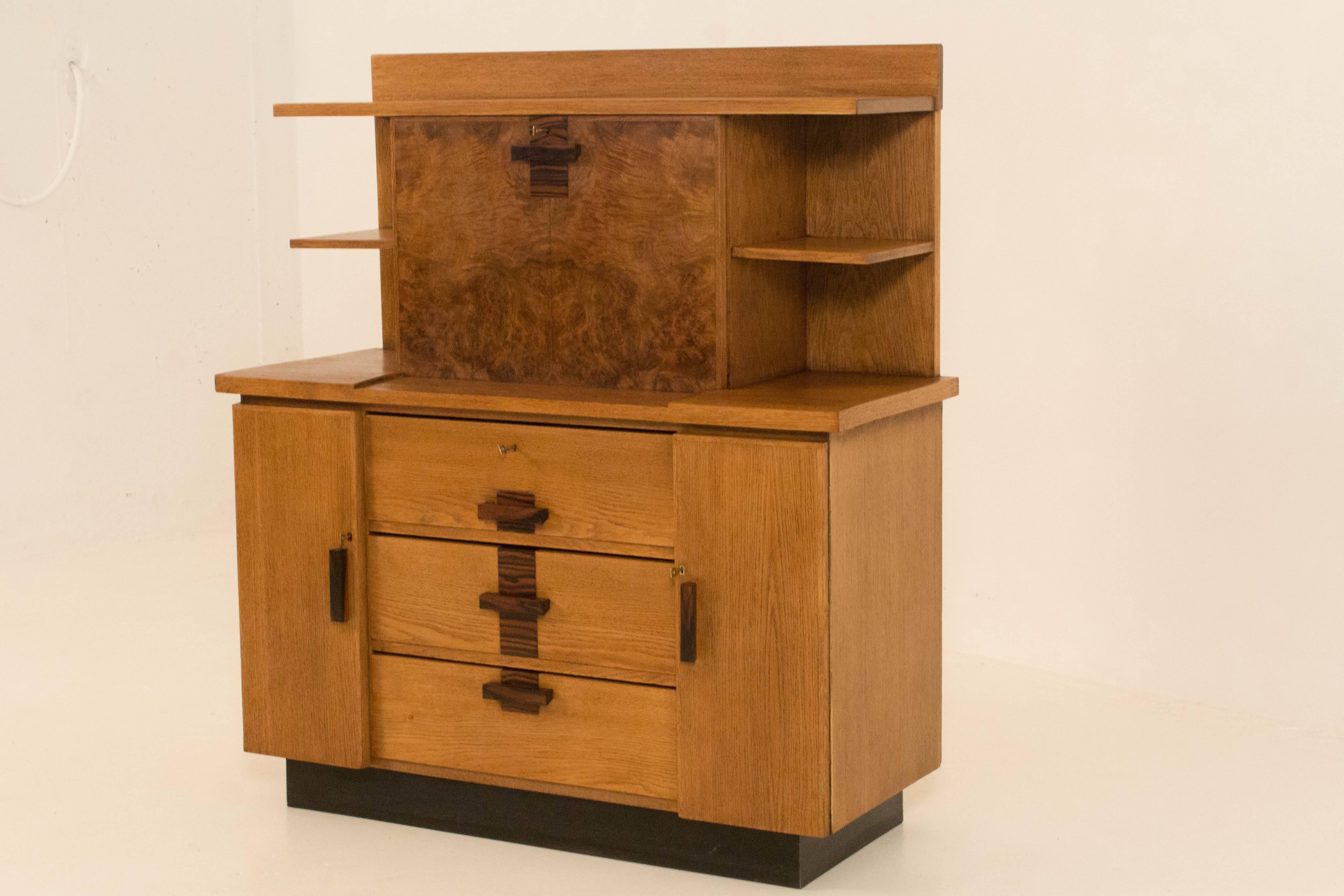 Early 20th Century Oak Art Deco Haagse School Bookcase with Drop-Front Desk by P.E.L.Izeren, 1920s