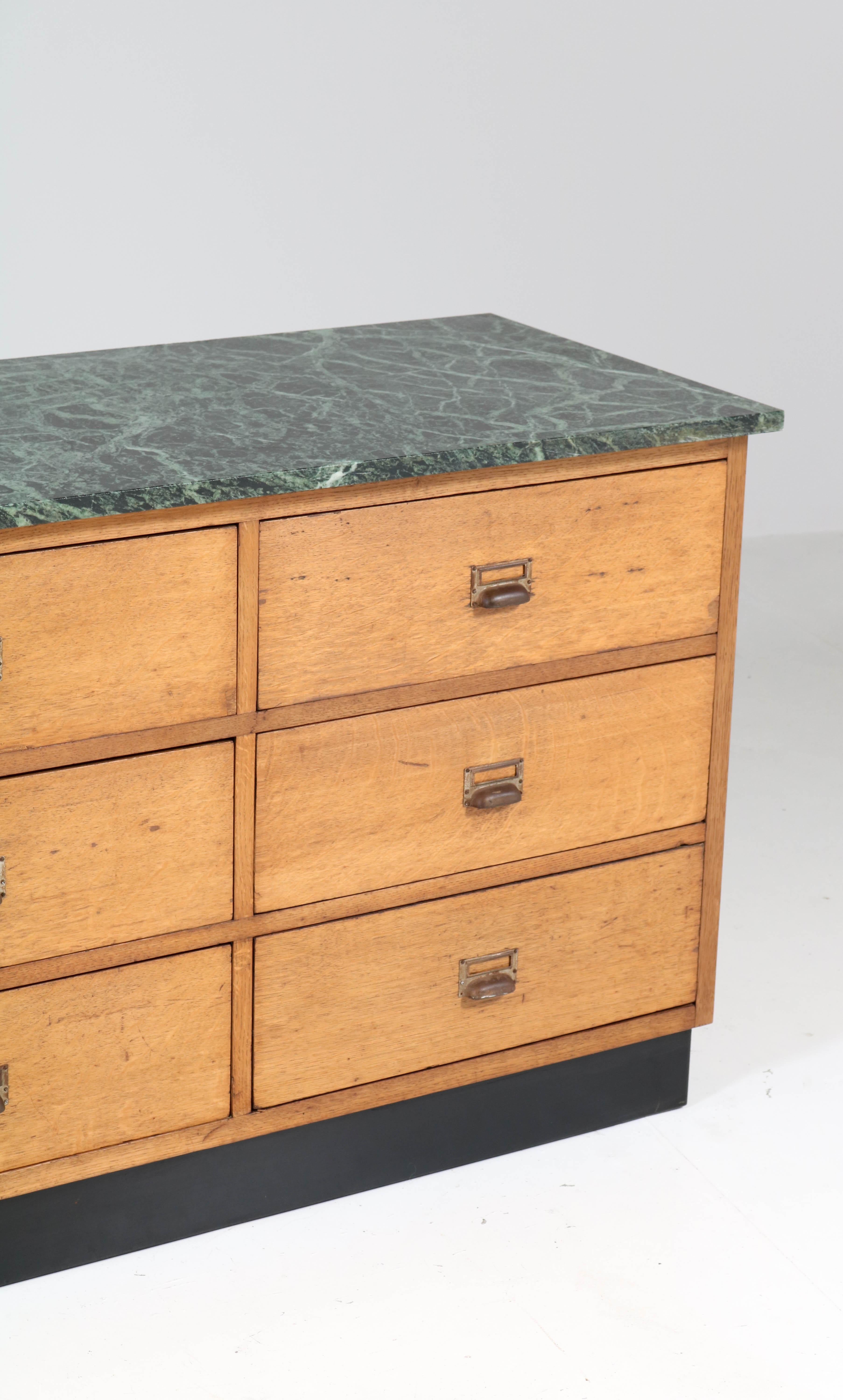 Oak Art Deco Haagse School Counter with Patricia Green Marble Top, 1920s 5