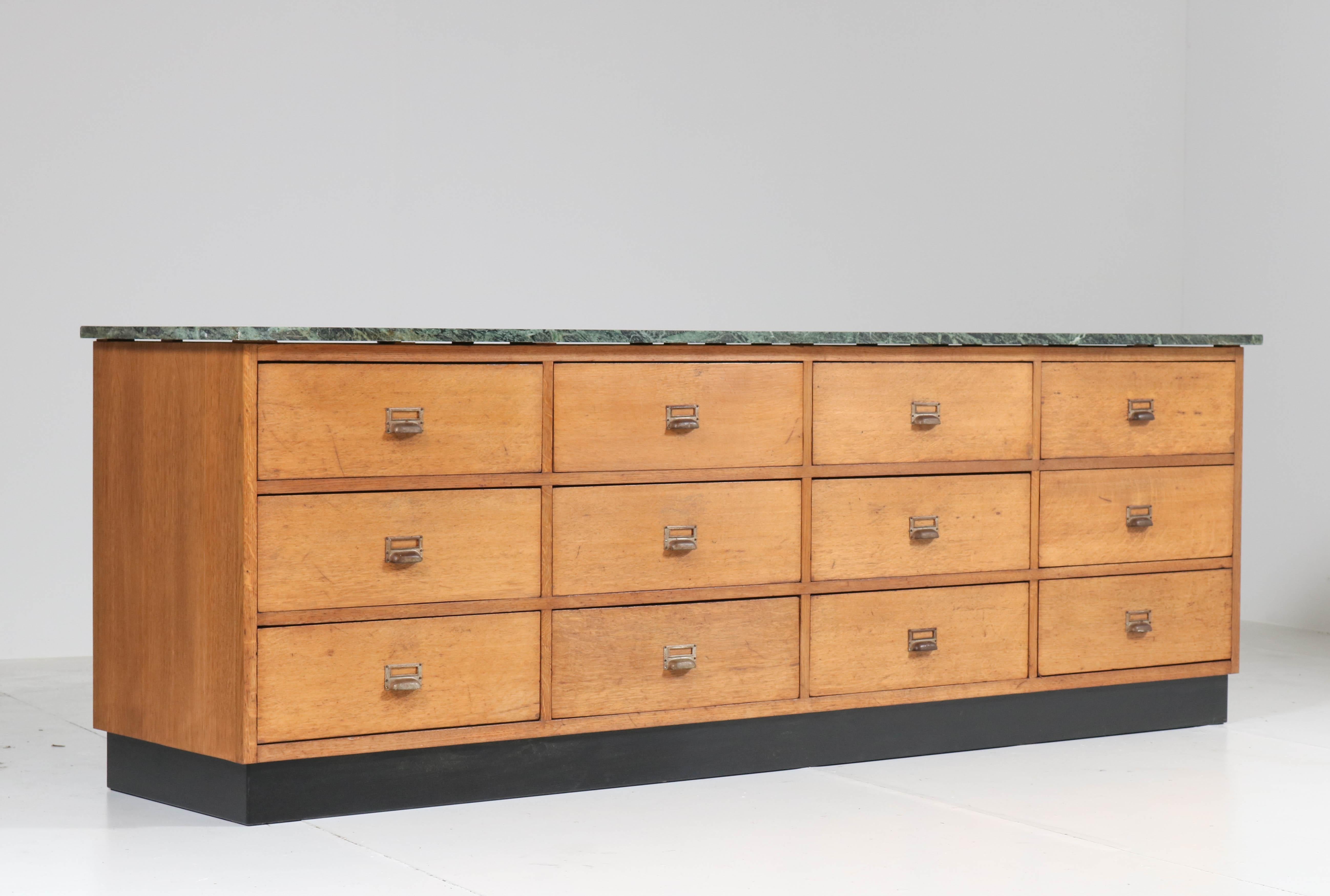 Dutch Oak Art Deco Haagse School Counter with Patricia Green Marble Top, 1920s