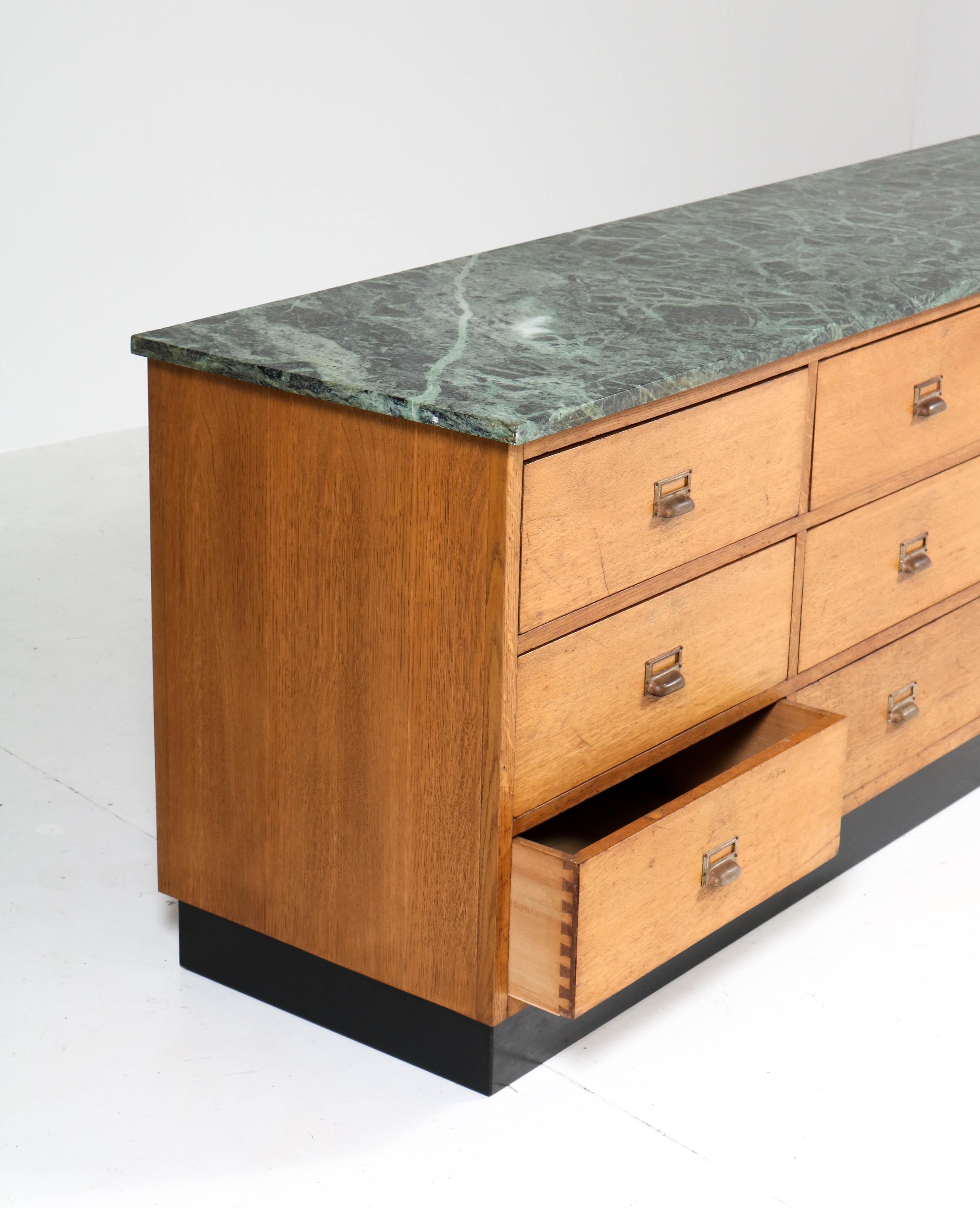 Early 20th Century Oak Art Deco Haagse School Counter with Patricia Green Marble Top, 1920s
