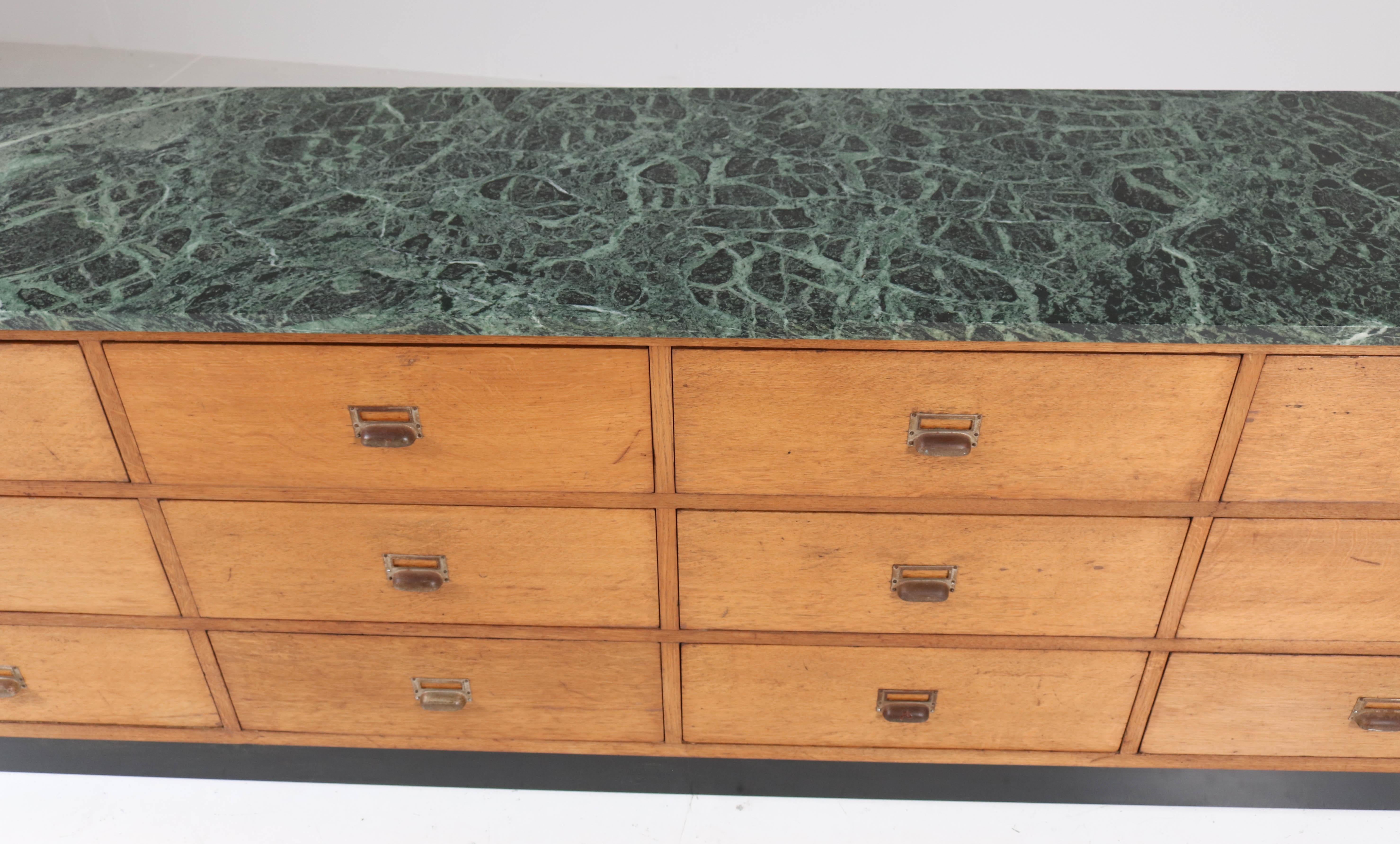 Oak Art Deco Haagse School Counter with Patricia Green Marble Top, 1920s 3
