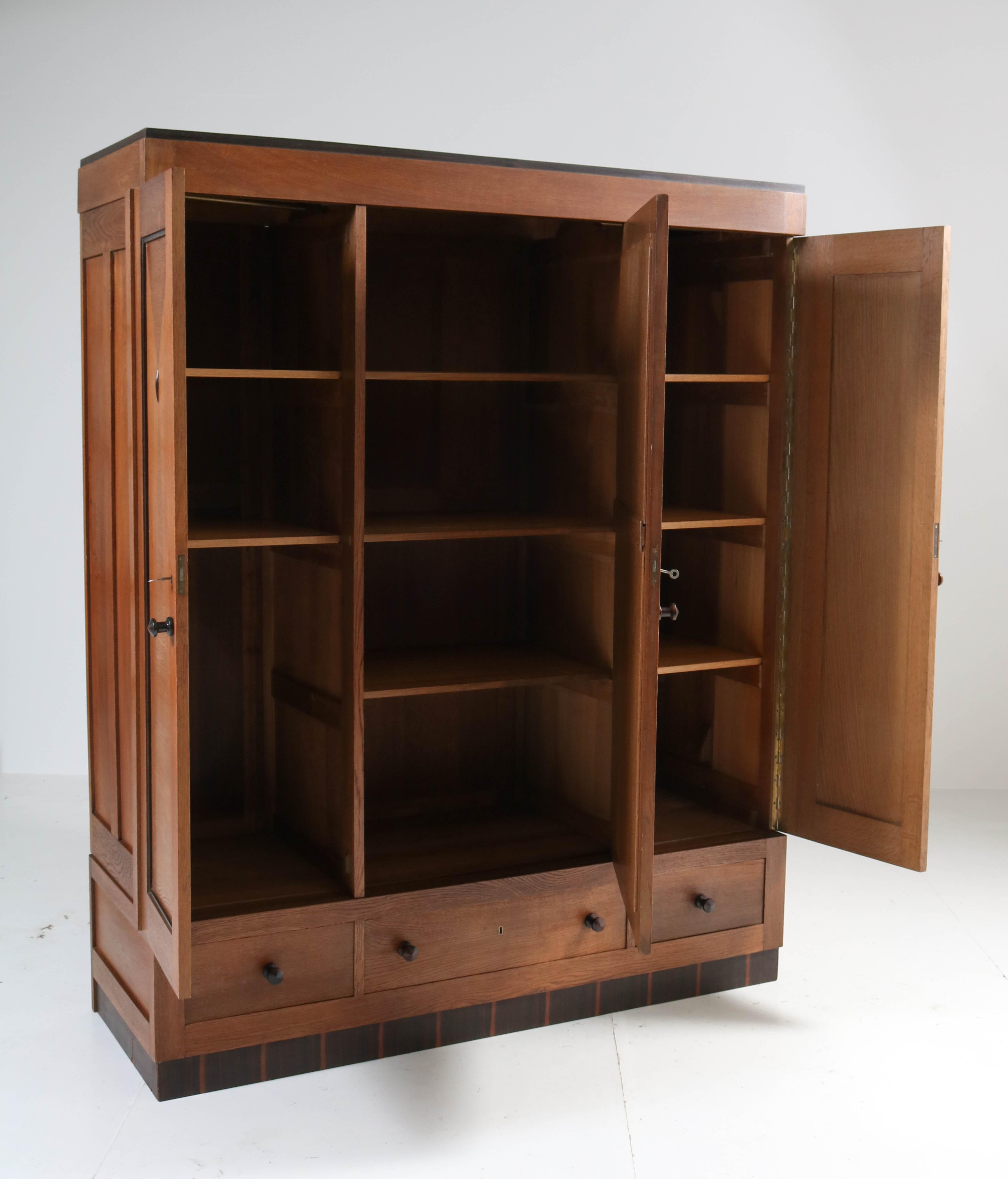 Glass Oak Art Deco Haagse School Wardrobe or Armoir, 1920s