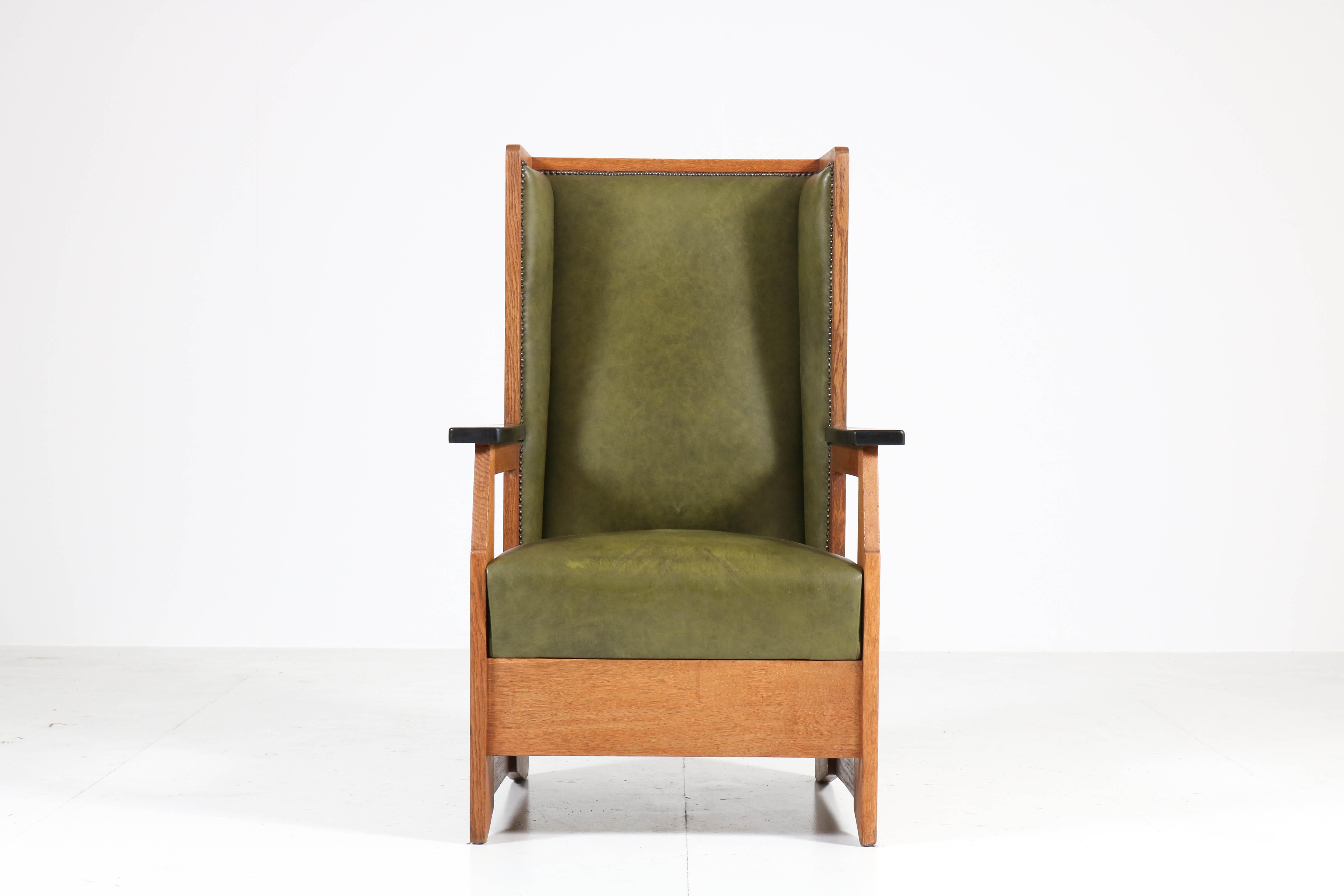 Early 20th Century Oak Art Deco Haagse School Wingback Chair by Henk Wouda for Pander, 1924