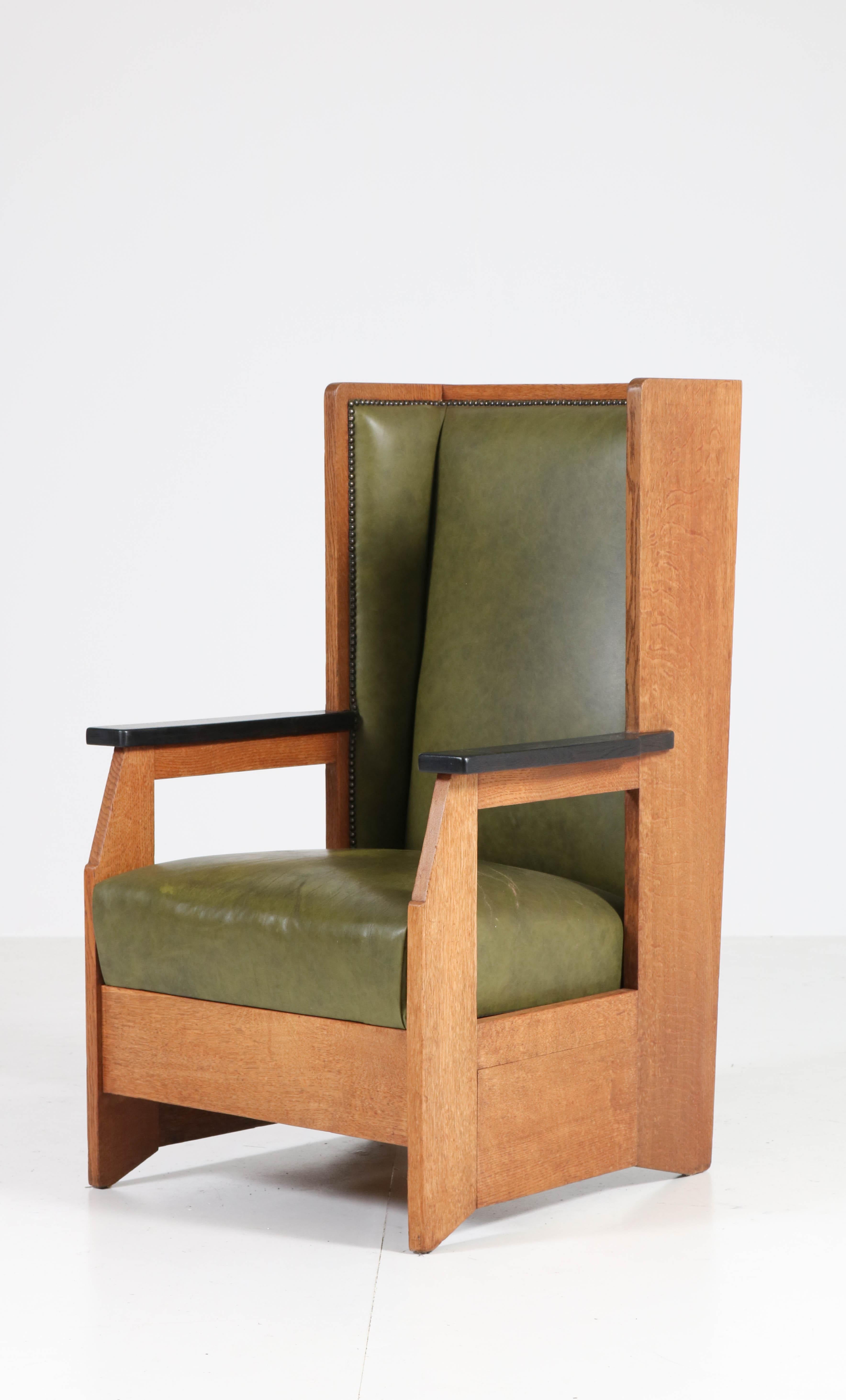 Leather Oak Art Deco Haagse School Wingback Chair by Henk Wouda for Pander, 1924