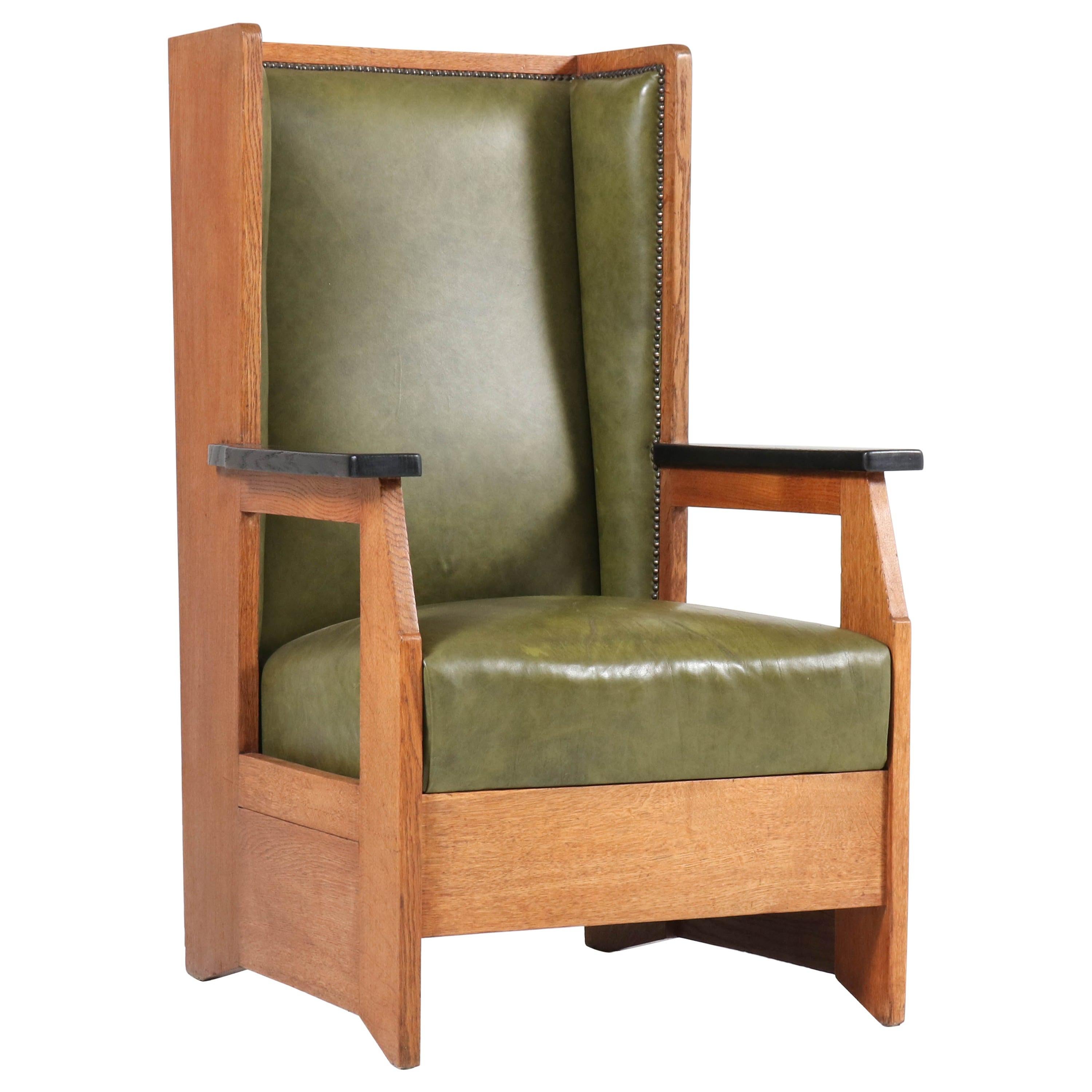 Oak Art Deco Haagse School Wingback Chair by Henk Wouda for Pander, 1924