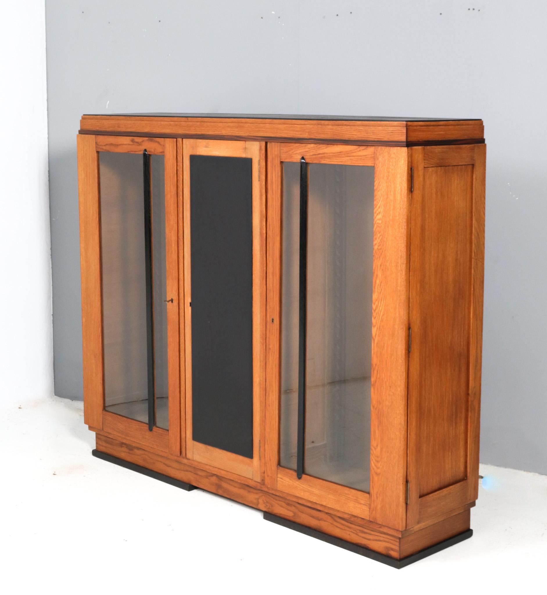 Glass Oak Art Deco Modernist Three-Door Bookcase, 1920s For Sale