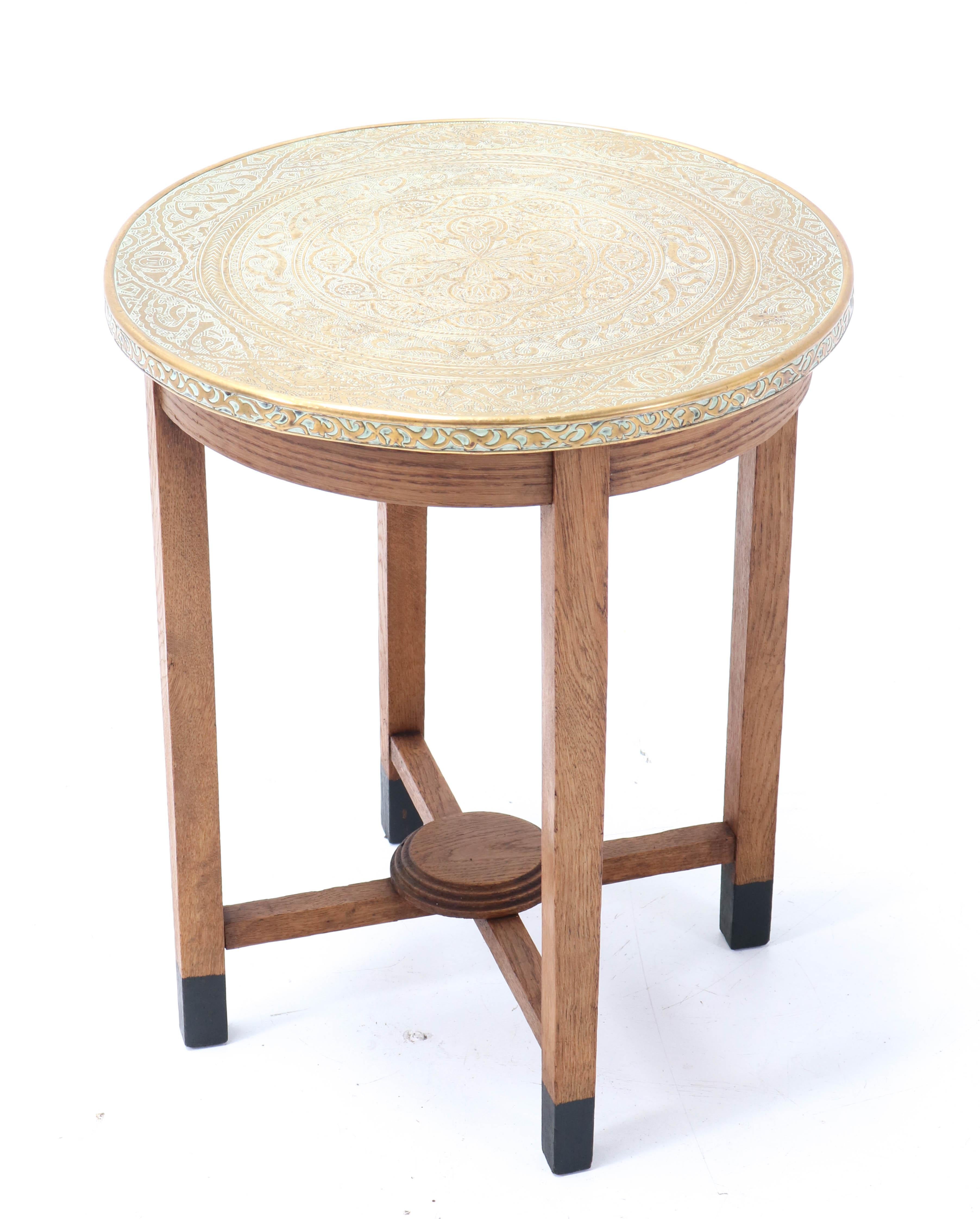 Dutch Oak Art Deco Occasional Table with Original Etched Brass Top, 1930s