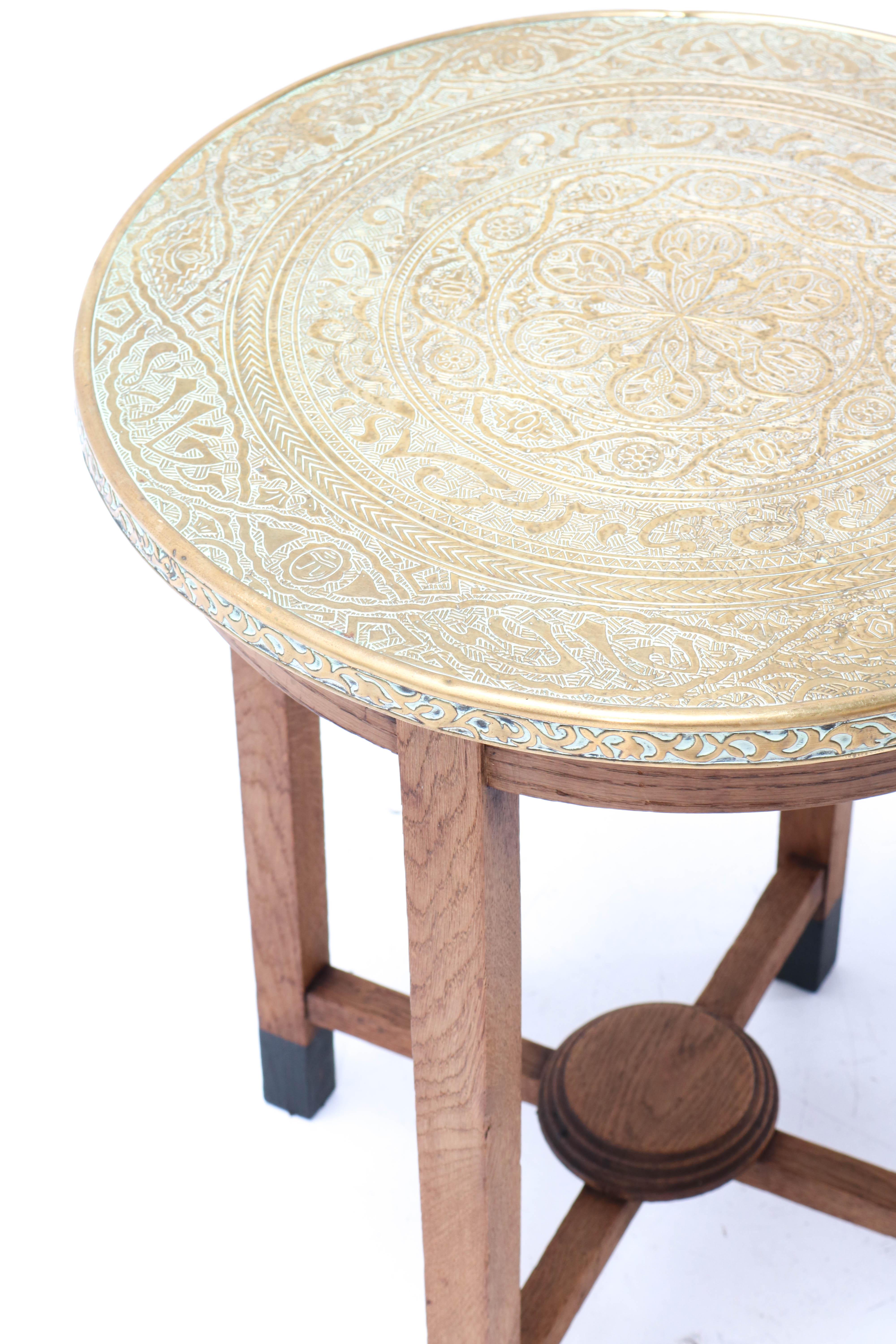 Oak Art Deco Occasional Table with Original Etched Brass Top, 1930s In Good Condition In Amsterdam, NL