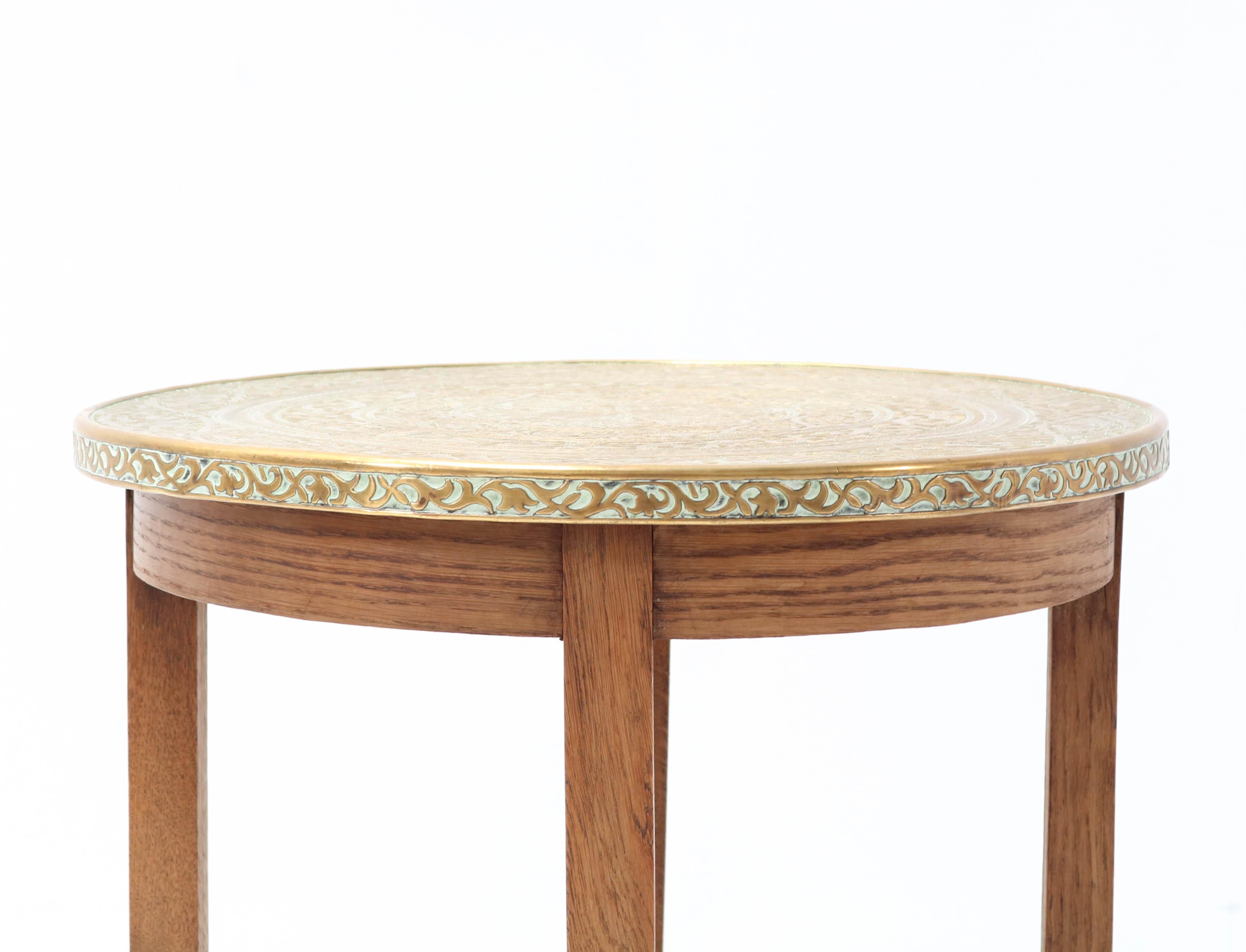Mid-20th Century Oak Art Deco Occasional Table with Original Etched Brass Top, 1930s