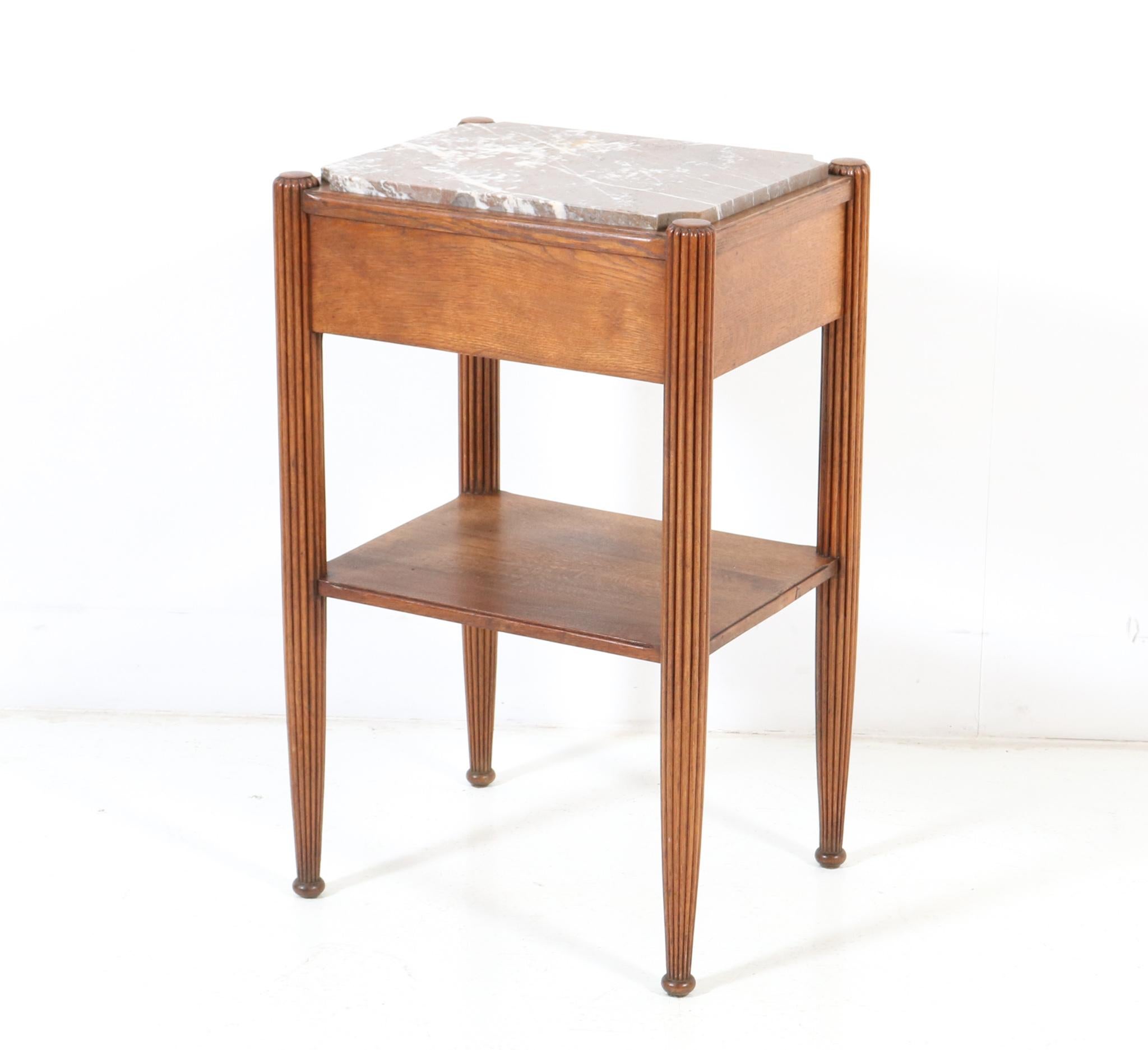 Brass Oak Art Deco Side Table with Marble Top, 1930s For Sale