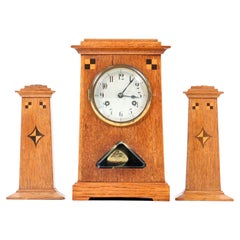 Antique Oak Art Nouveau Jugendstil Clock Set, 1900s