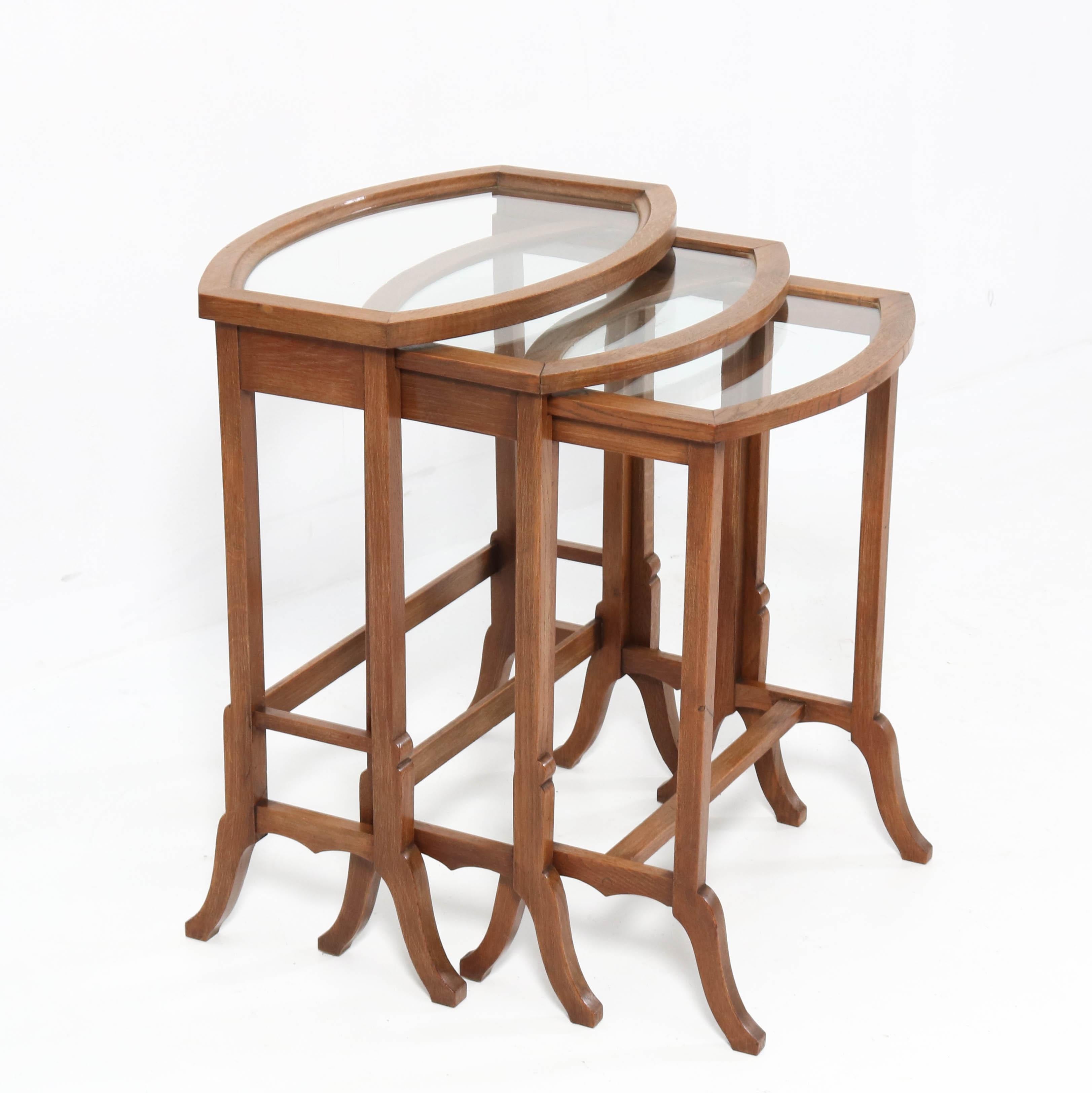 Dutch Oak Art Nouveau Nesting Tables with Glass Tops, 1900s For Sale