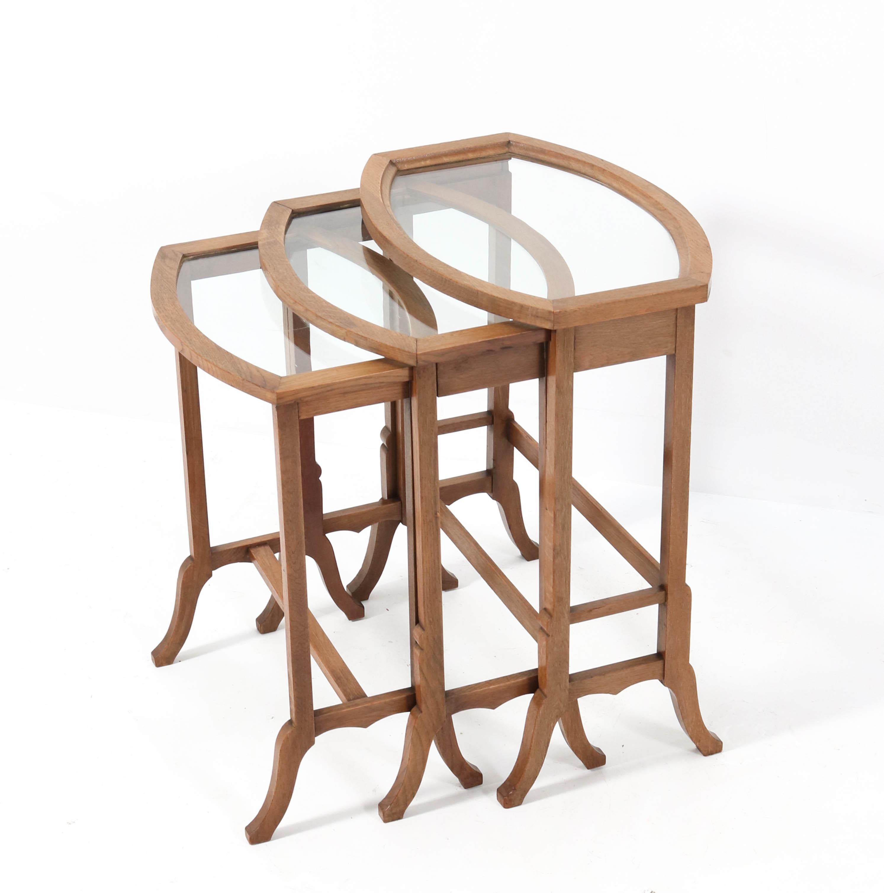 Oak Art Nouveau Nesting Tables with Glass Tops, 1900s For Sale 1